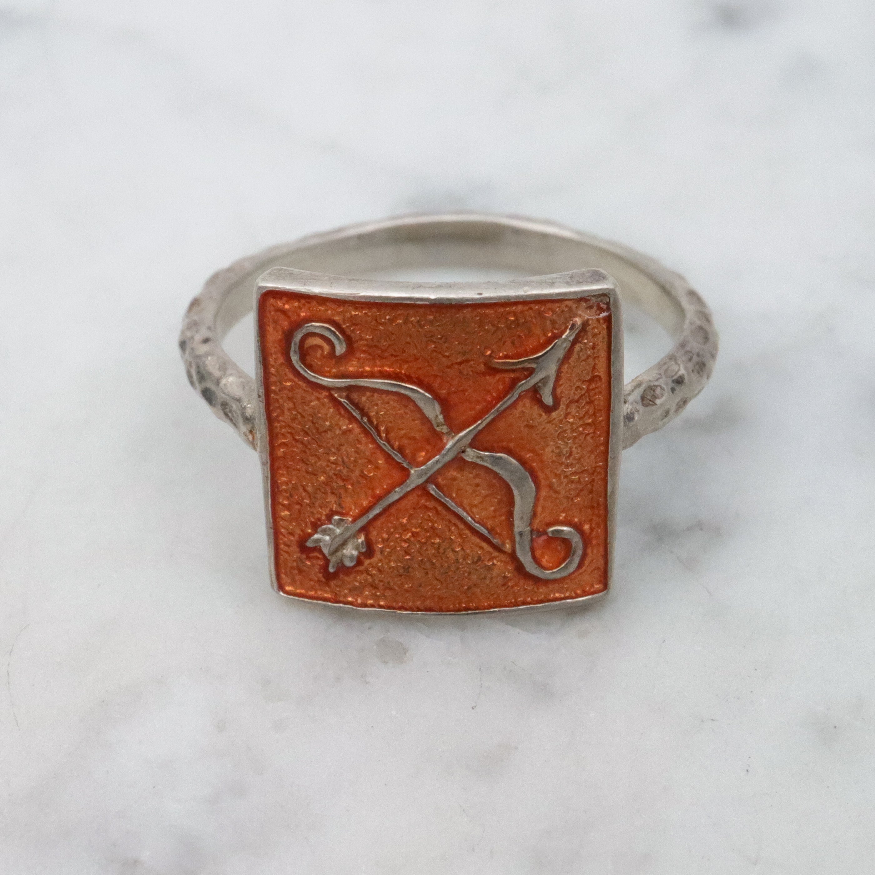 Retro enamel sterling Sagittarius block ring, sz 8