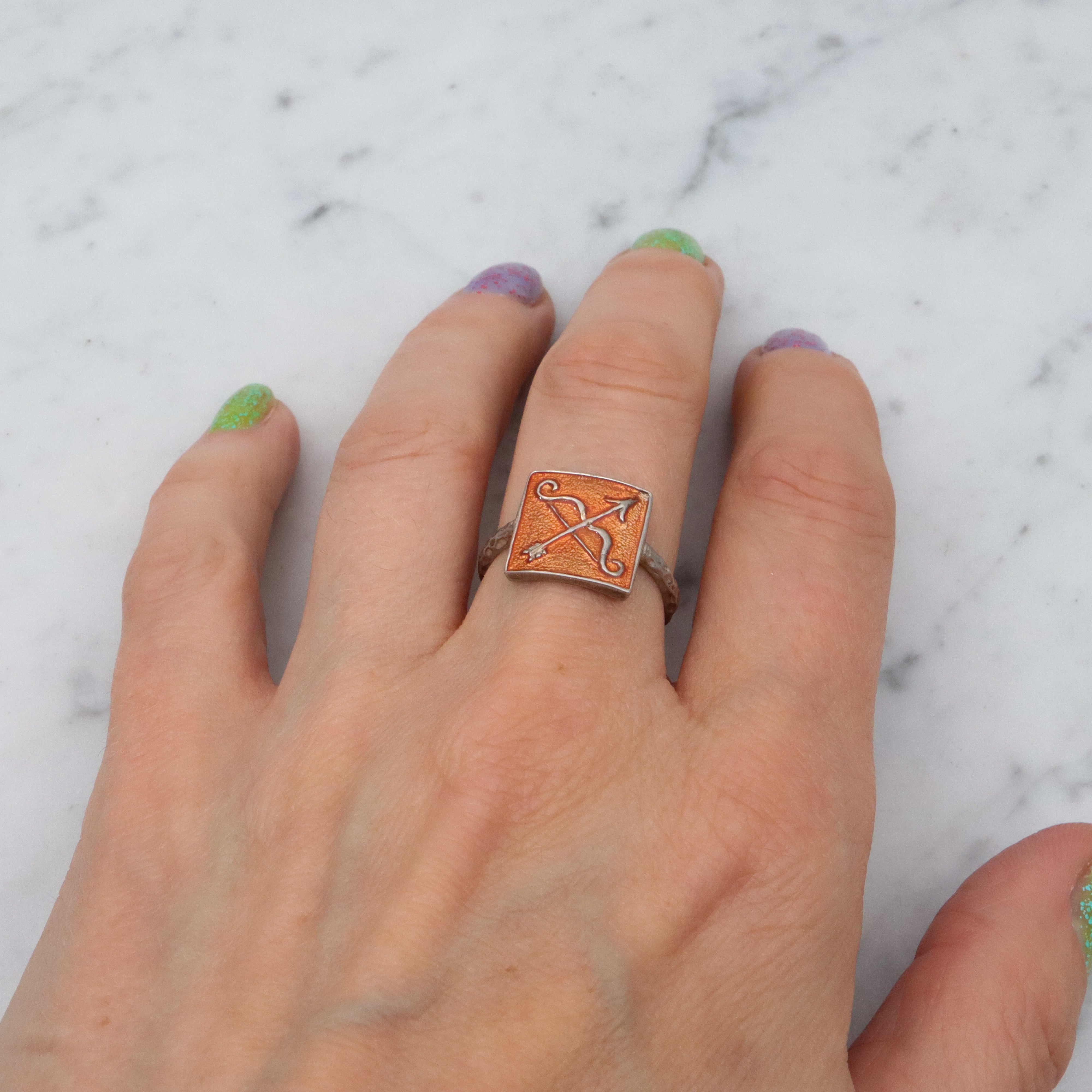 Retro enamel sterling Sagittarius block ring, sz 8