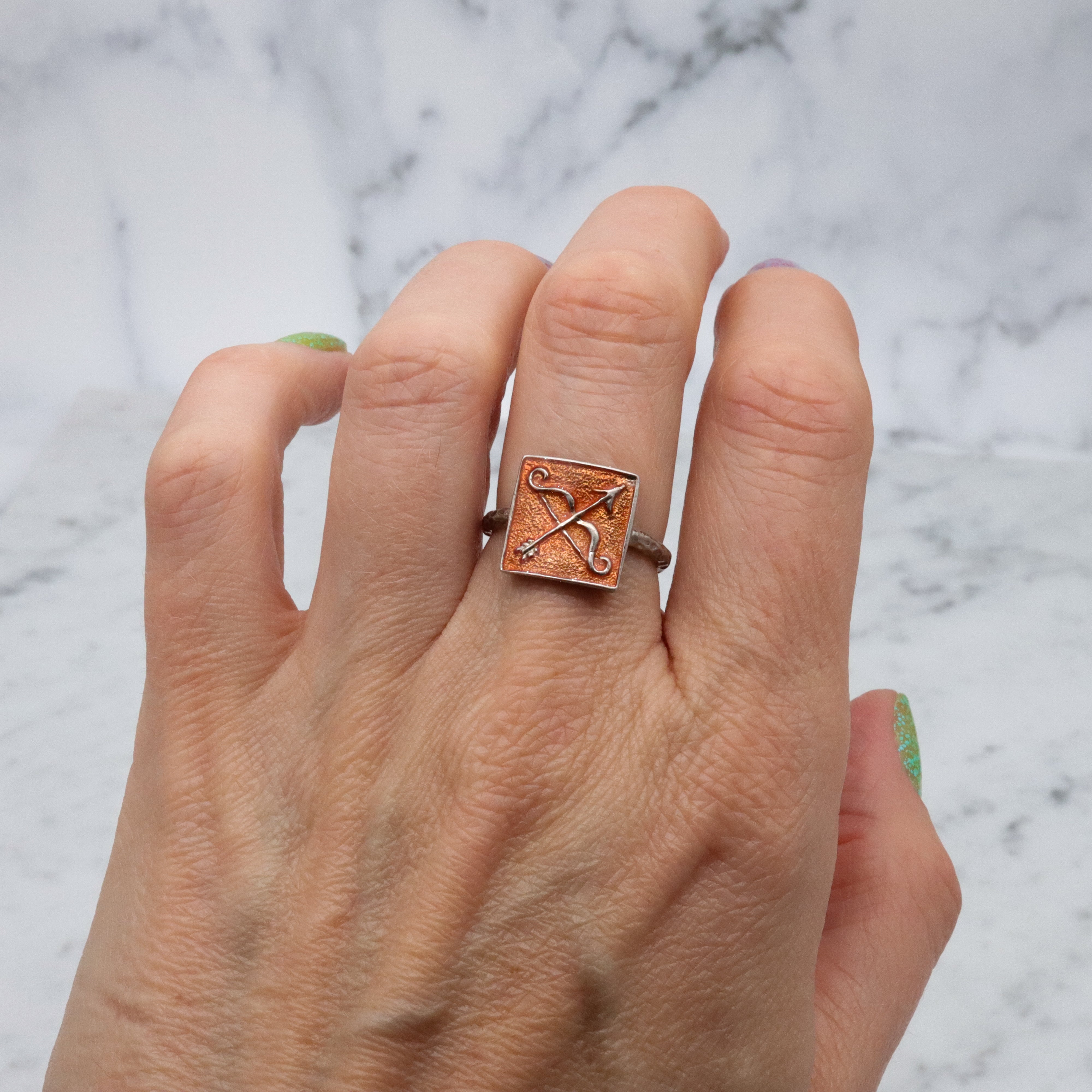 Retro enamel sterling Sagittarius block ring, sz 8