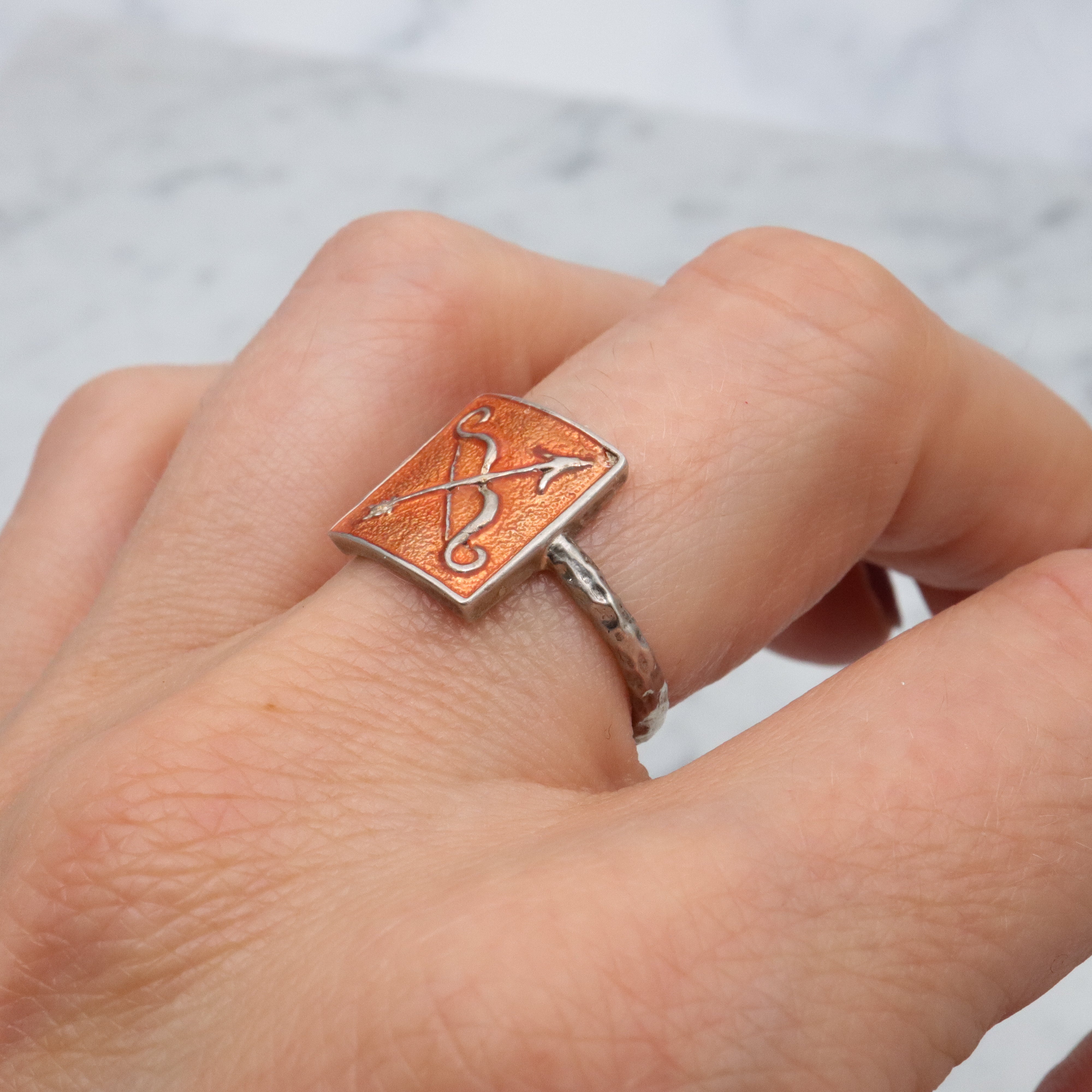 Retro enamel sterling Sagittarius block ring, sz 8