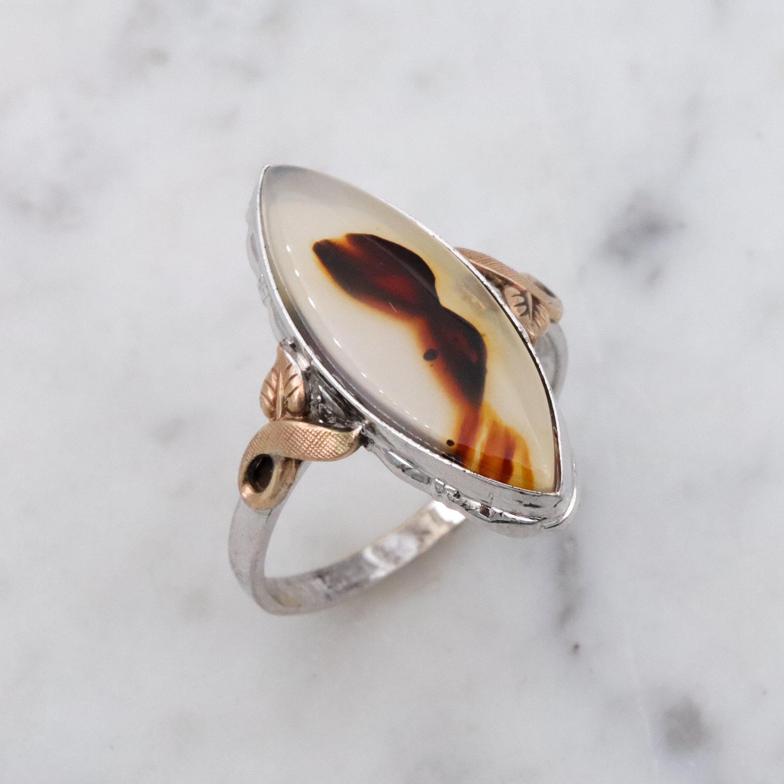 Vintage Clark & Coombs sterling & gold filled dendritic agate marquise ring, sz 9