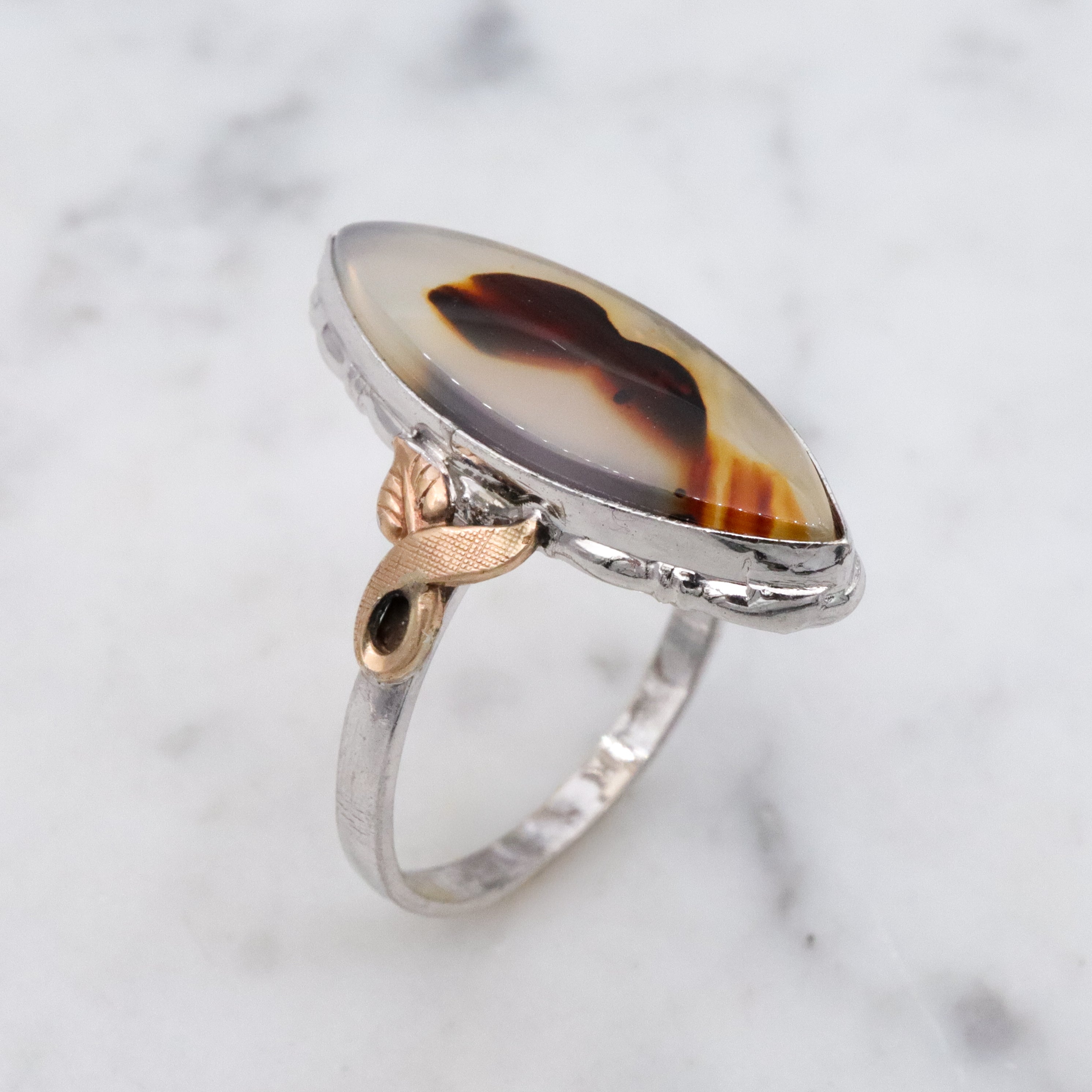 Vintage Clark & Coombs sterling & gold filled dendritic agate marquise ring, sz 9