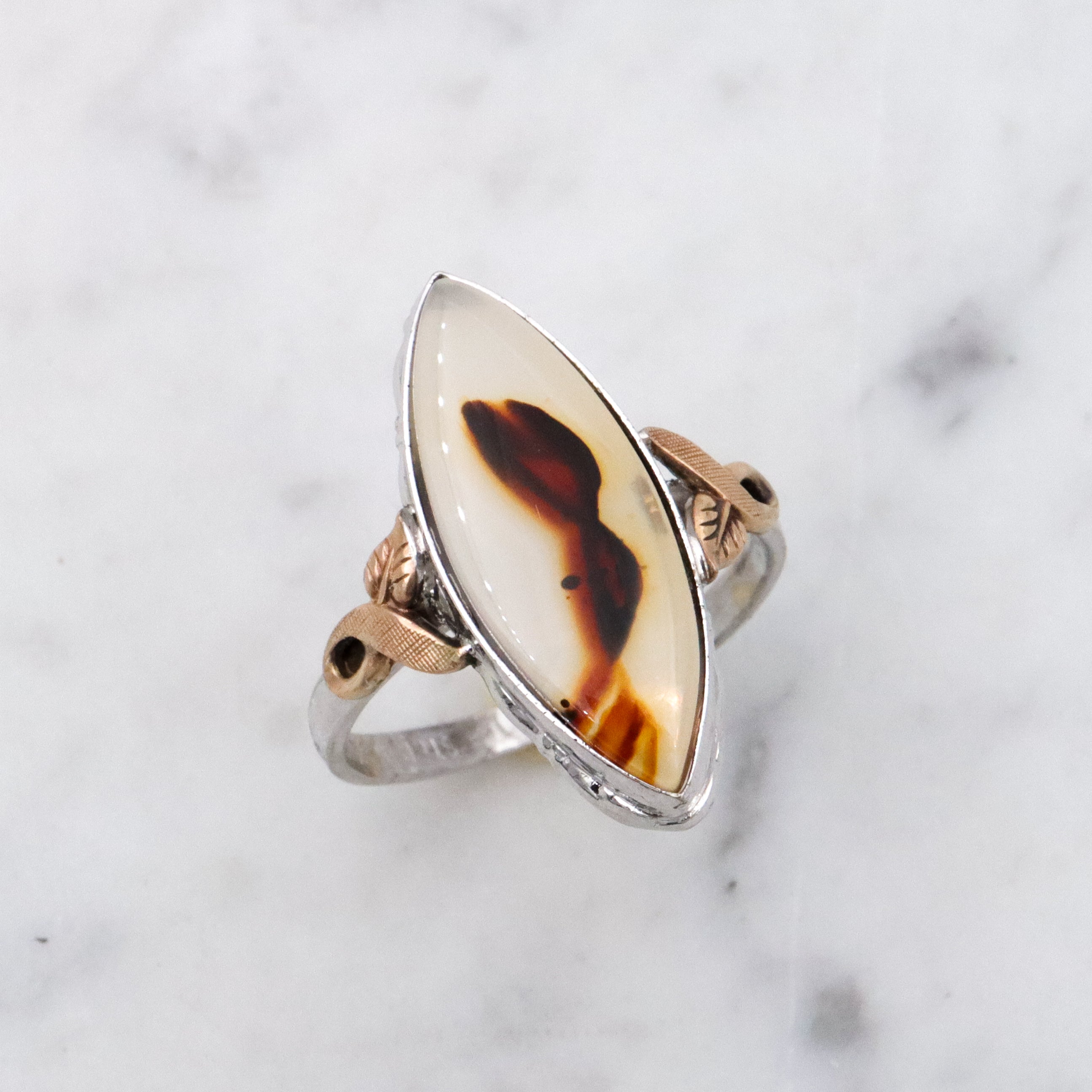 Vintage Clark & Coombs sterling & gold filled dendritic agate marquise ring, sz 9