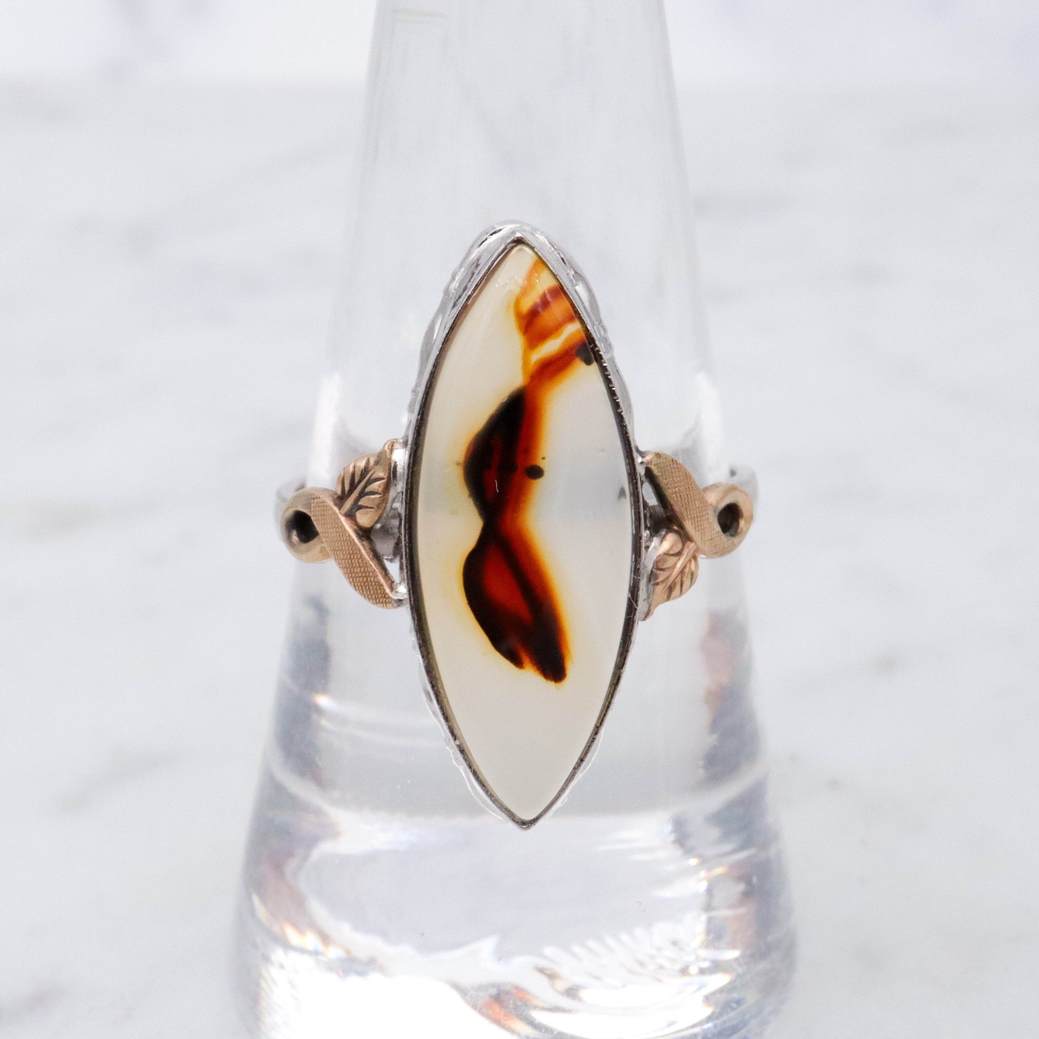 Vintage Clark & Coombs sterling & gold filled dendritic agate marquise ring, sz 9