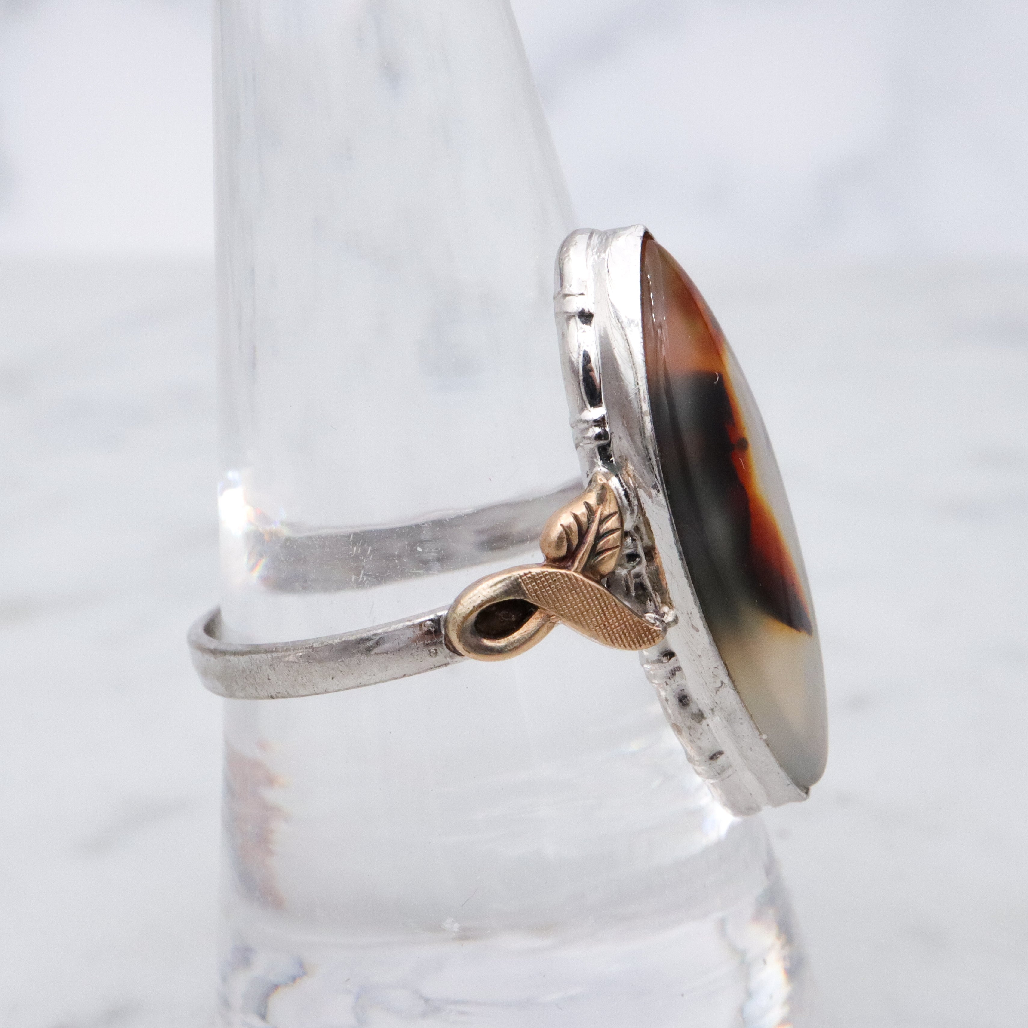 Vintage Clark & Coombs sterling & gold filled dendritic agate marquise ring, sz 9