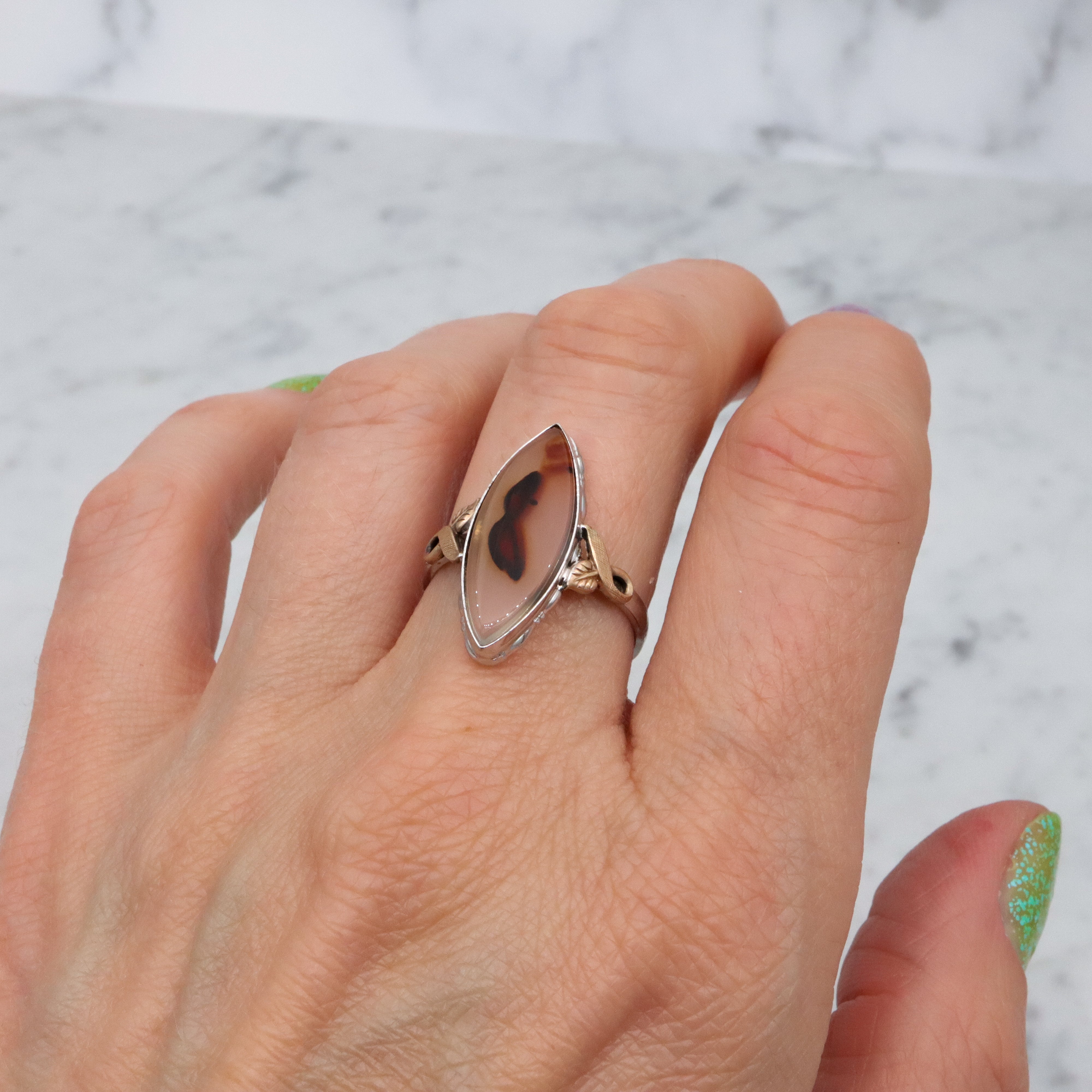 Vintage Clark & Coombs sterling & gold filled dendritic agate marquise ring, sz 9