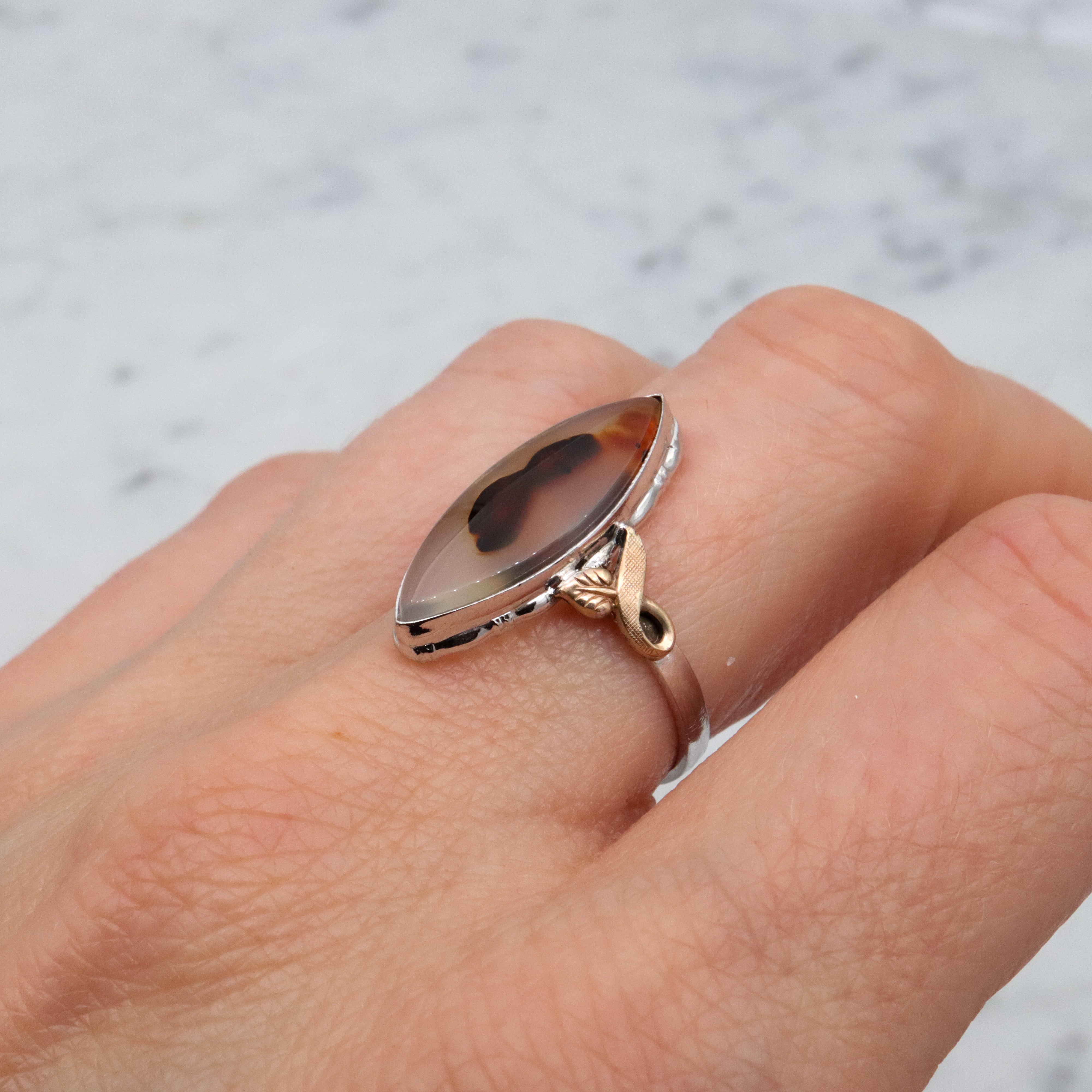 Vintage Clark & Coombs sterling & gold filled dendritic agate marquise ring, sz 9