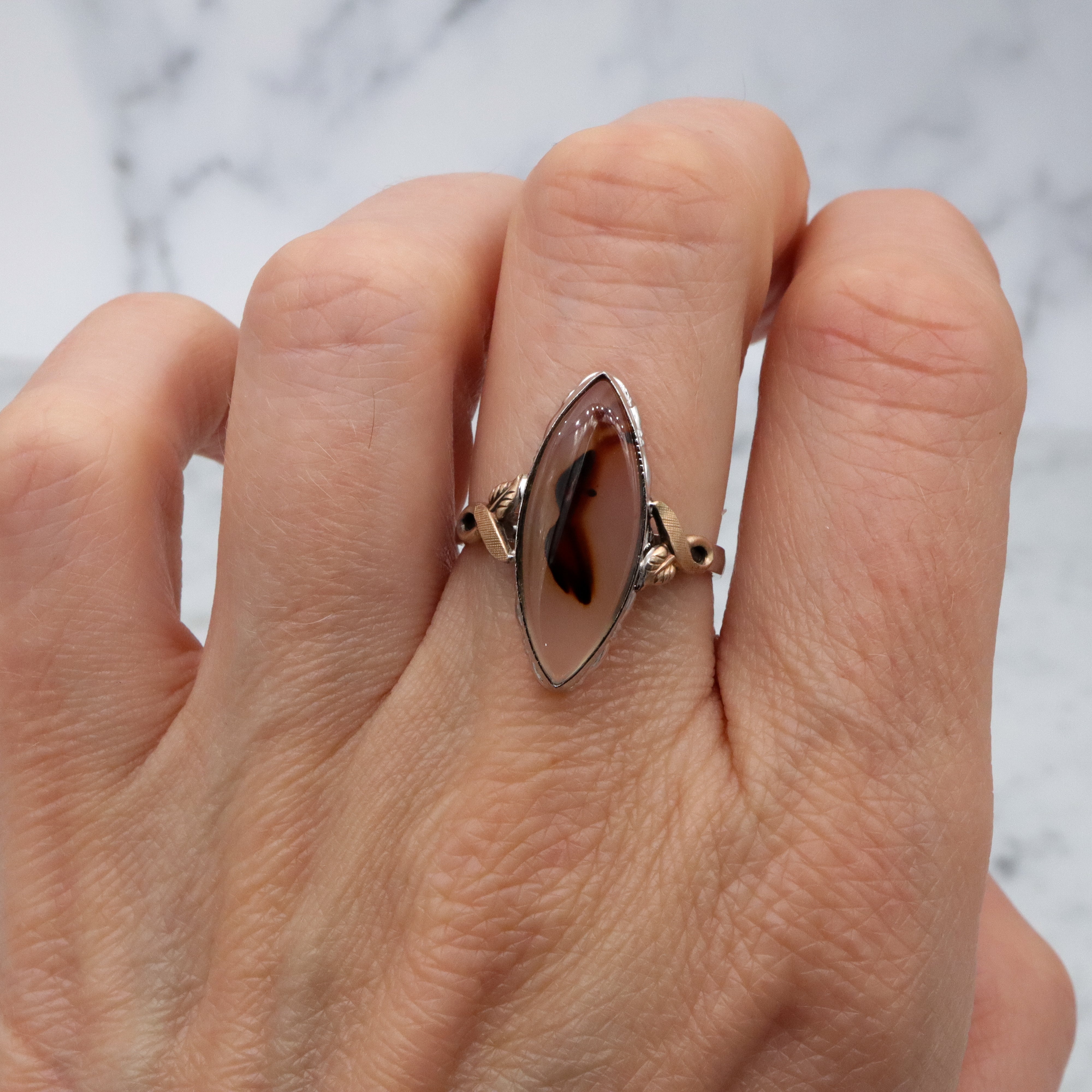 Vintage Clark & Coombs sterling & gold filled dendritic agate marquise ring, sz 9