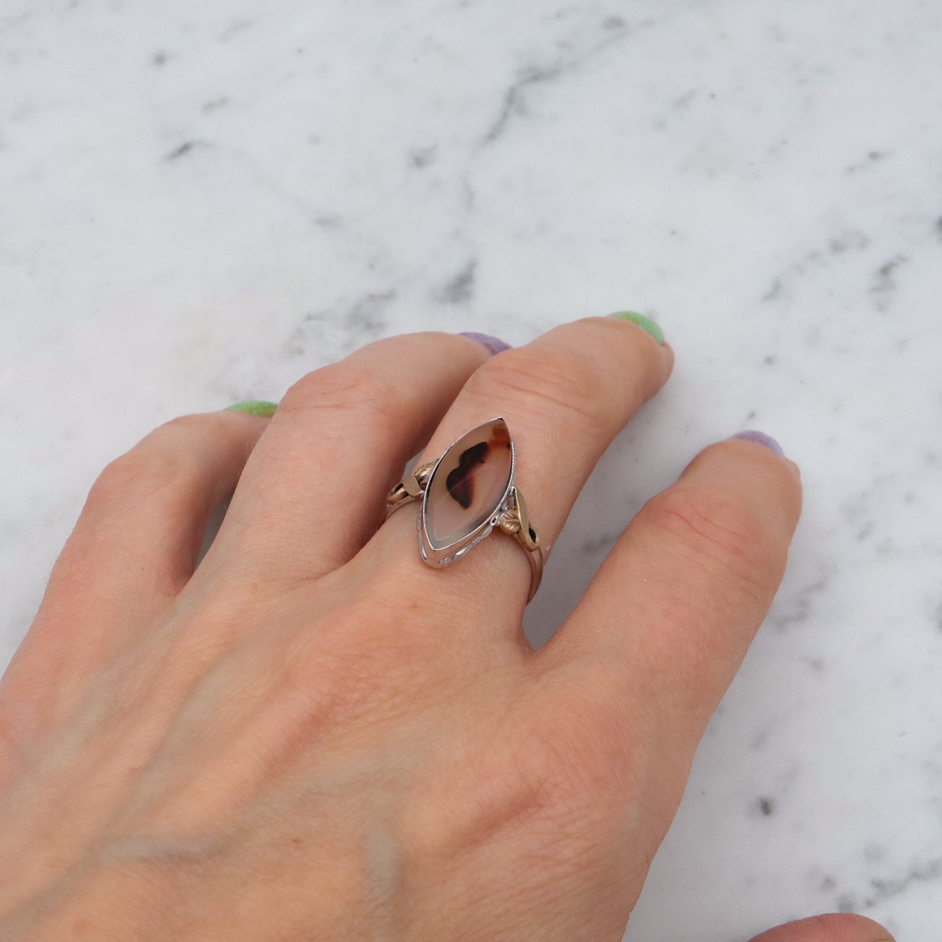 Vintage Clark & Coombs sterling & gold filled dendritic agate marquise ring, sz 9