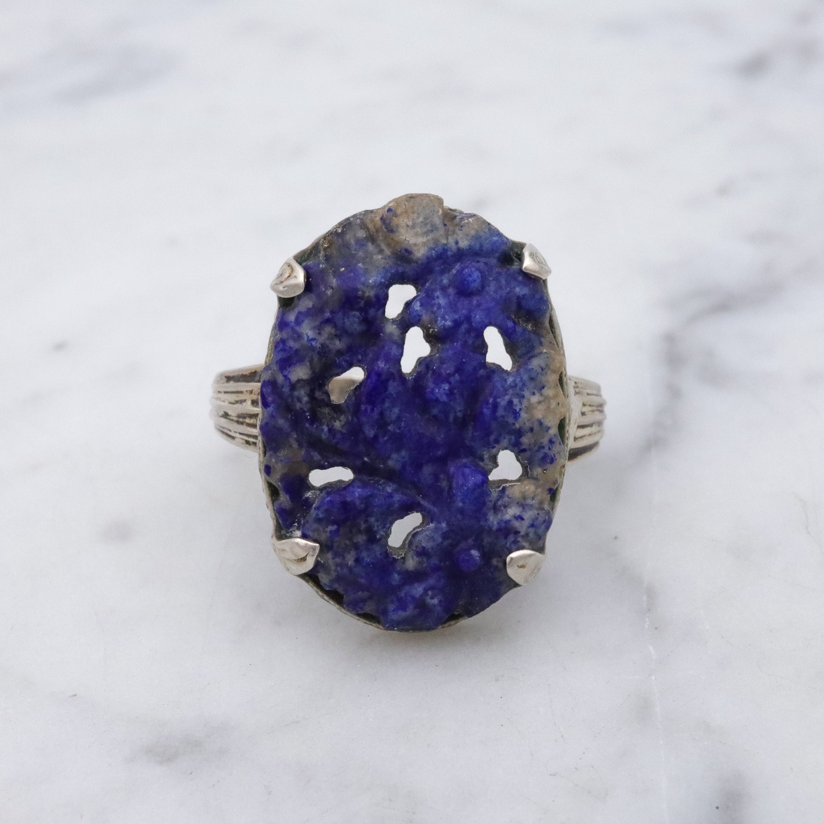 Art Deco Chinese carved lapis lazuli sterling ring, size 7.5