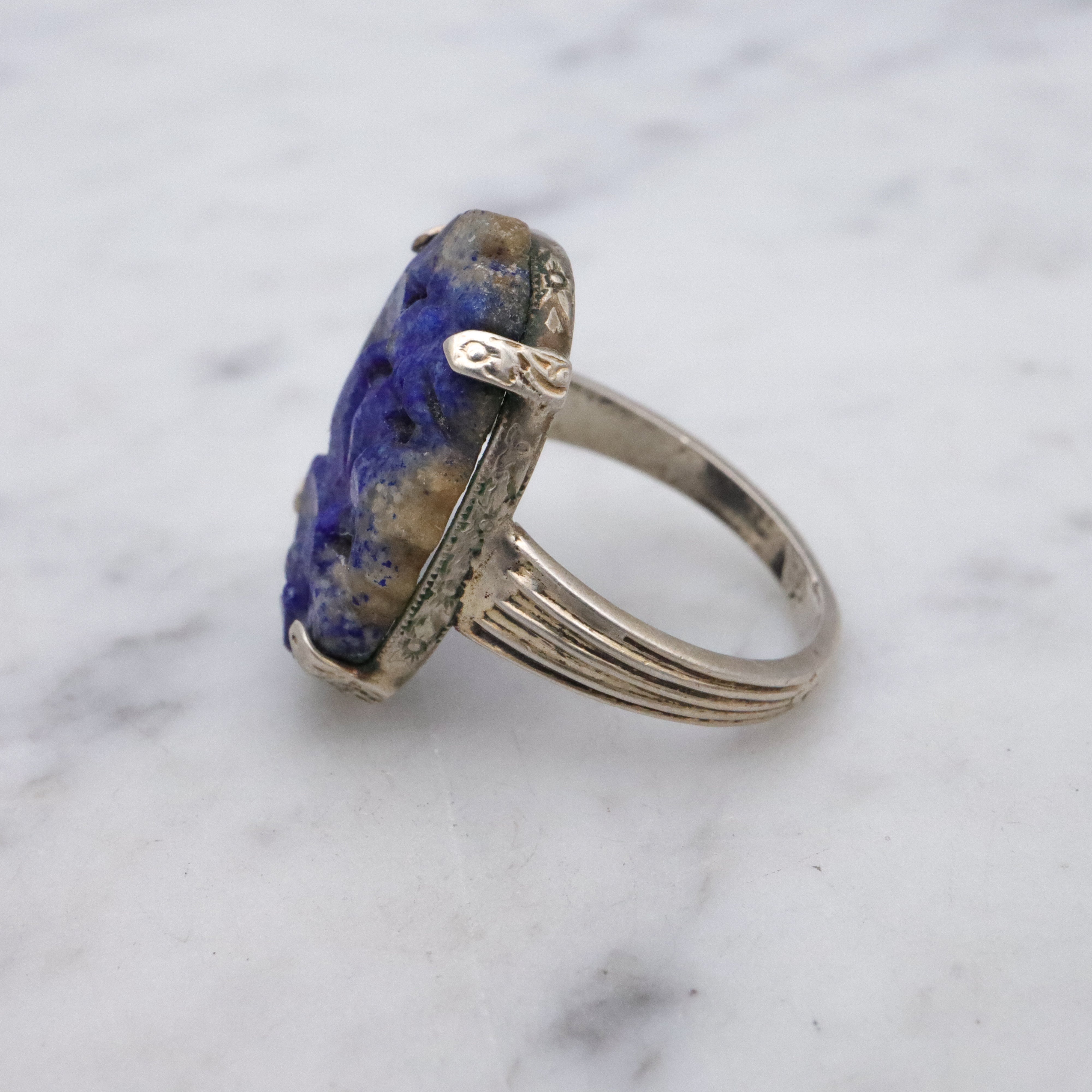 Art Deco Chinese carved lapis lazuli sterling ring, size 7.5