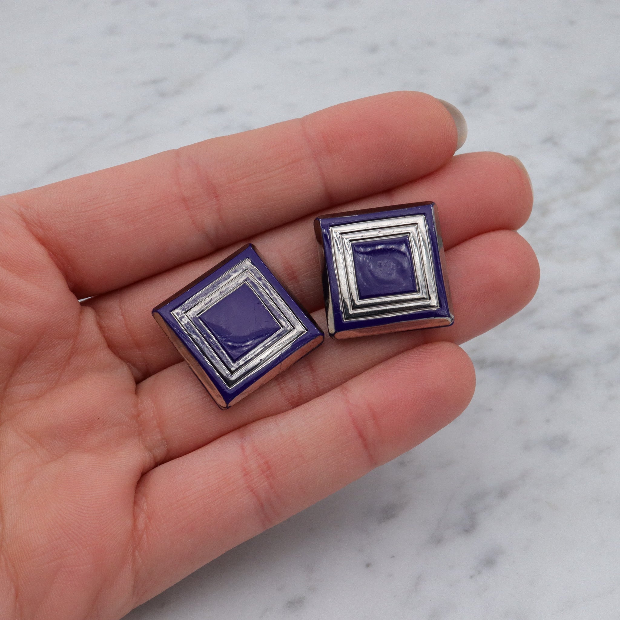 Antique pair of Art Deco cobalt blue glass & silver painted buttons