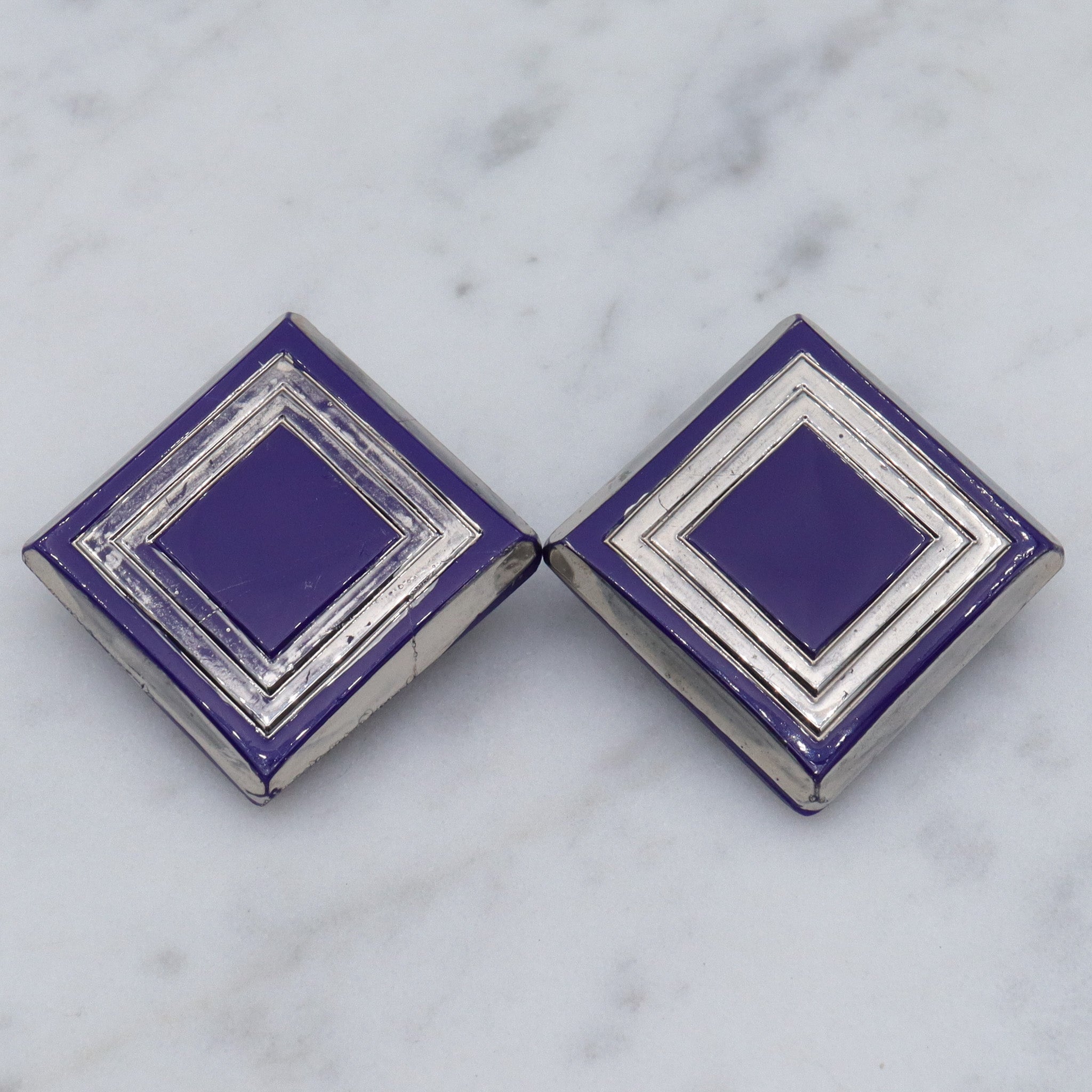 Antique pair of Art Deco cobalt blue glass & silver painted buttons