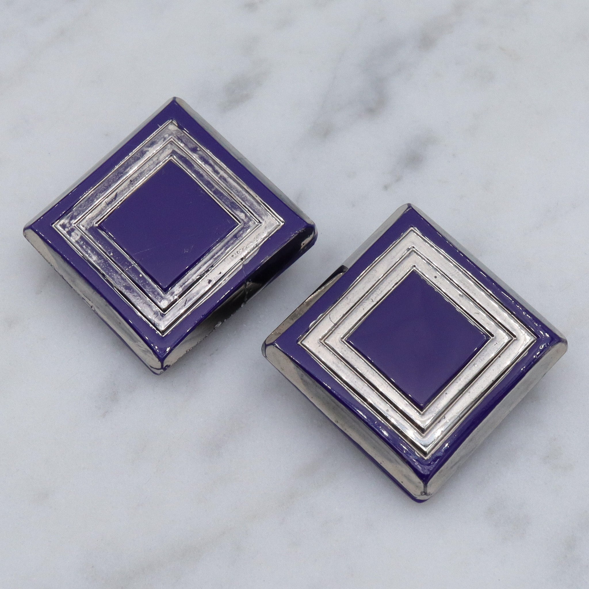 Antique pair of Art Deco cobalt blue glass & silver painted buttons