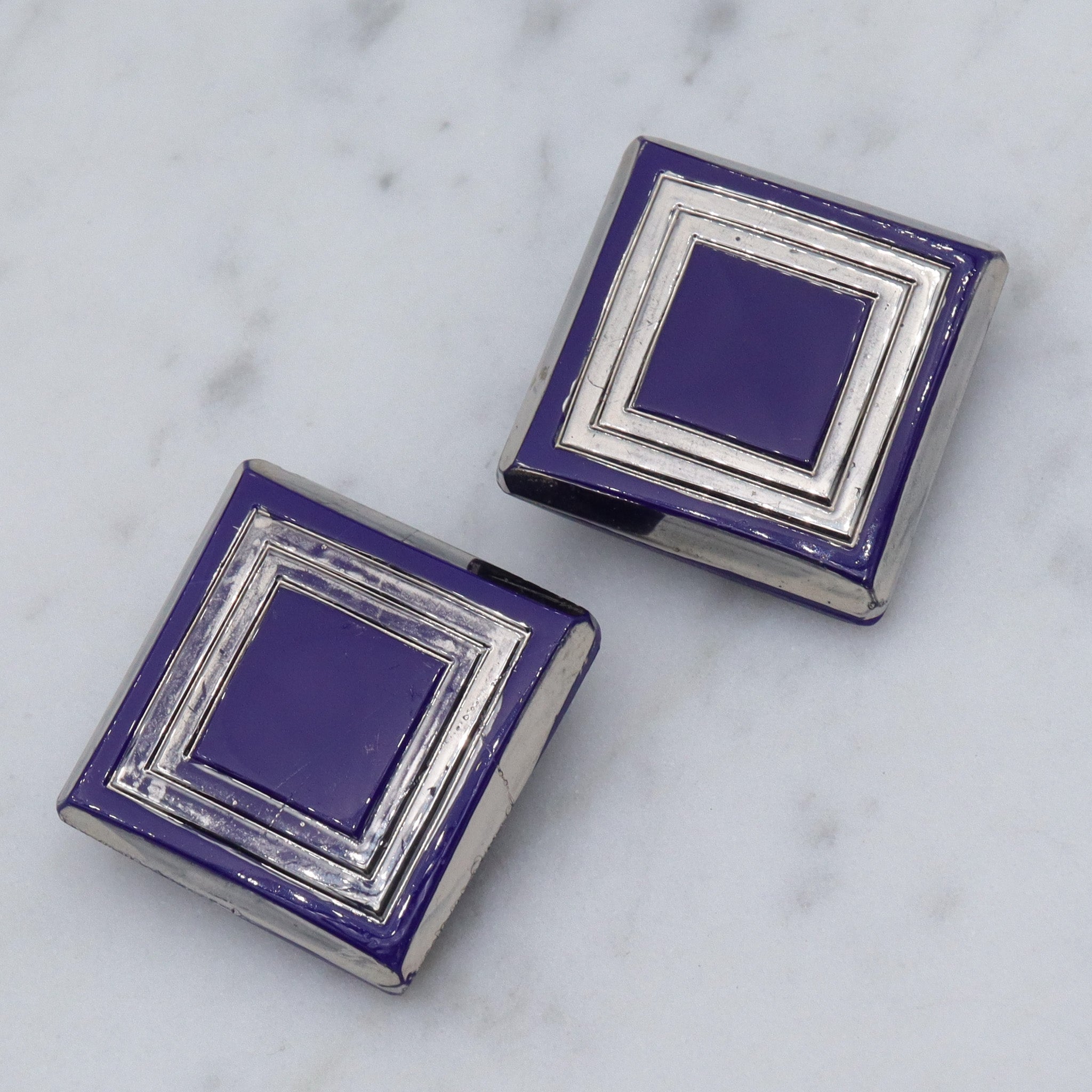 Antique pair of Art Deco cobalt blue glass & silver painted buttons