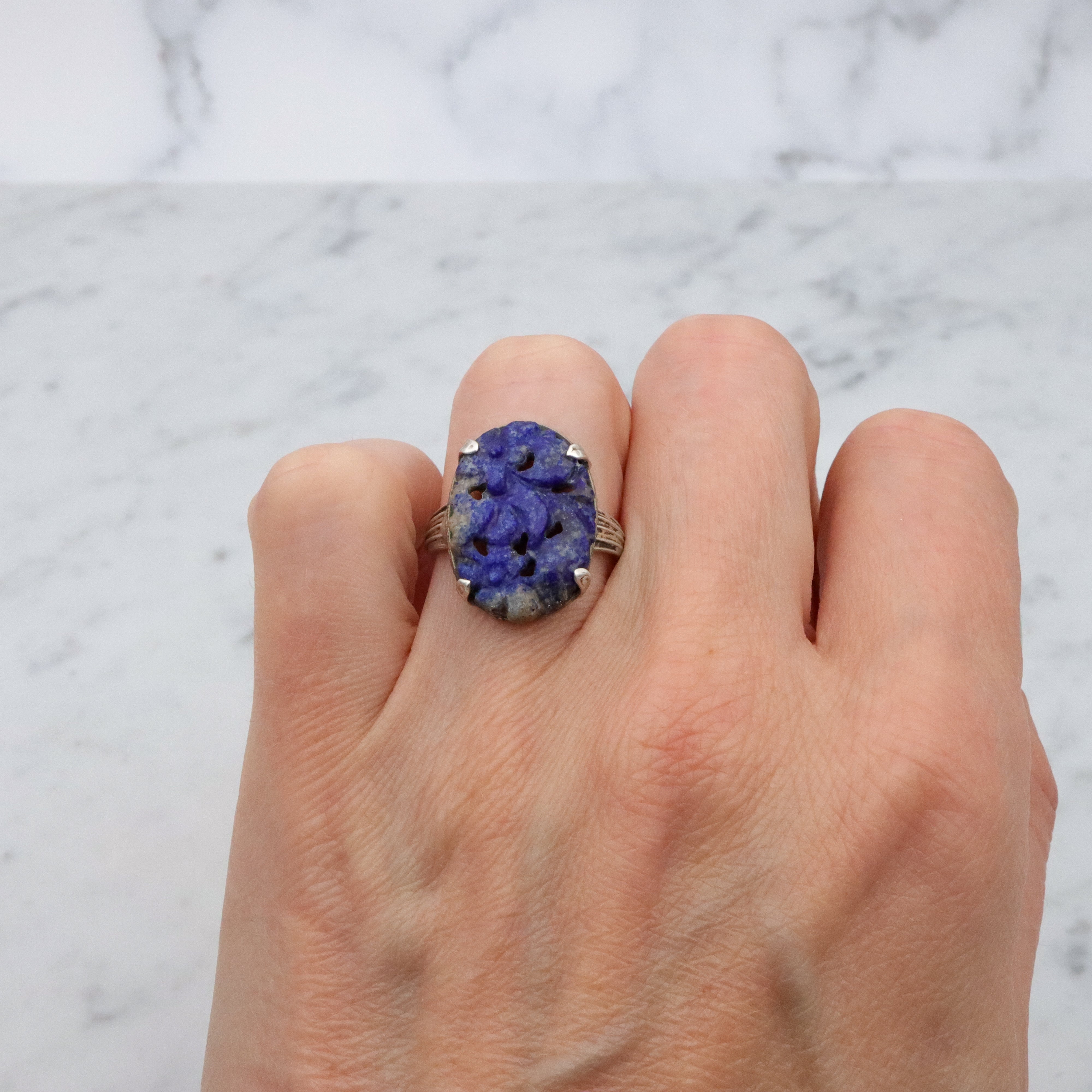 Art Deco Chinese carved lapis lazuli sterling ring, size 7.5