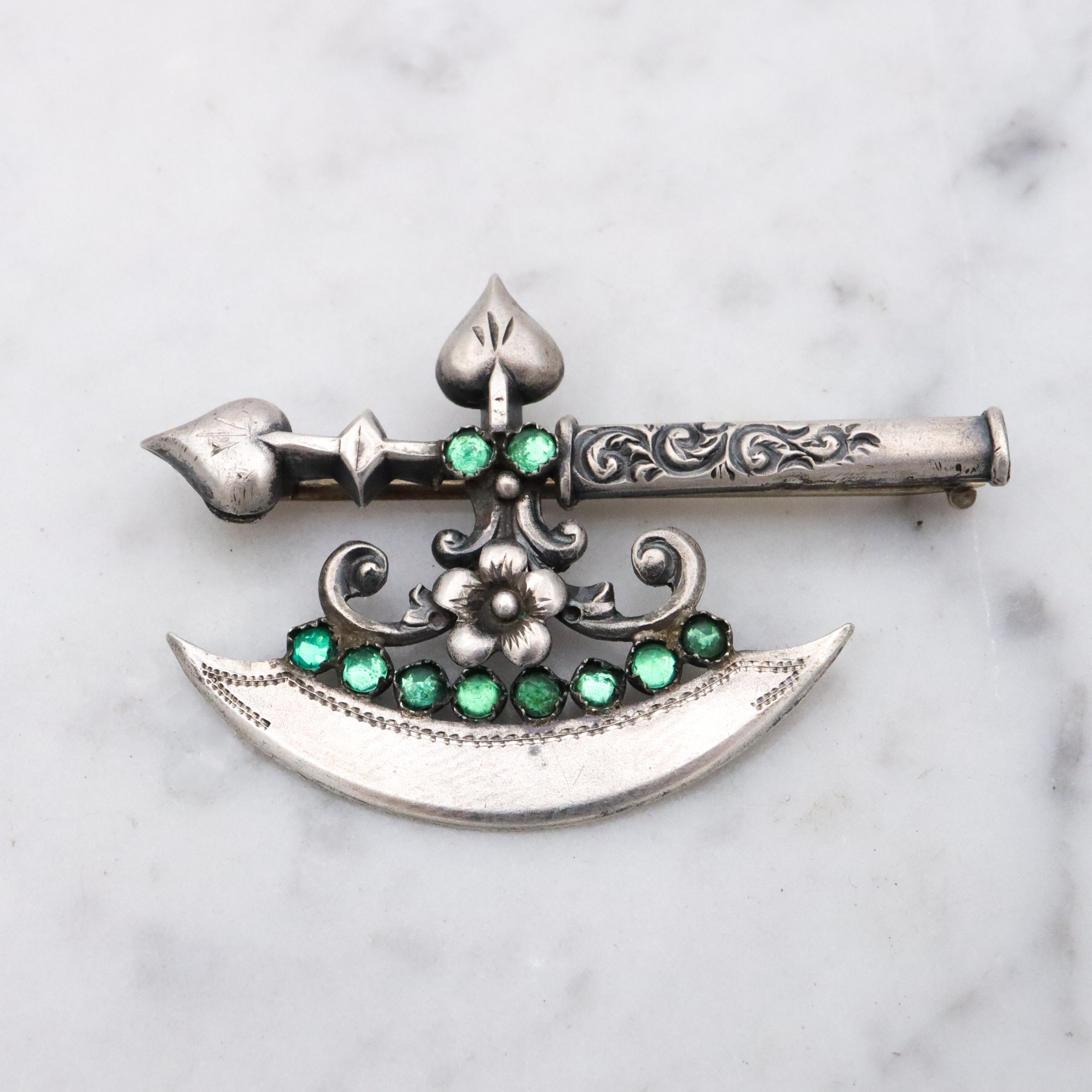 Rare Antique Victorian sterling fancy battle axe brooch with emerald paste gems