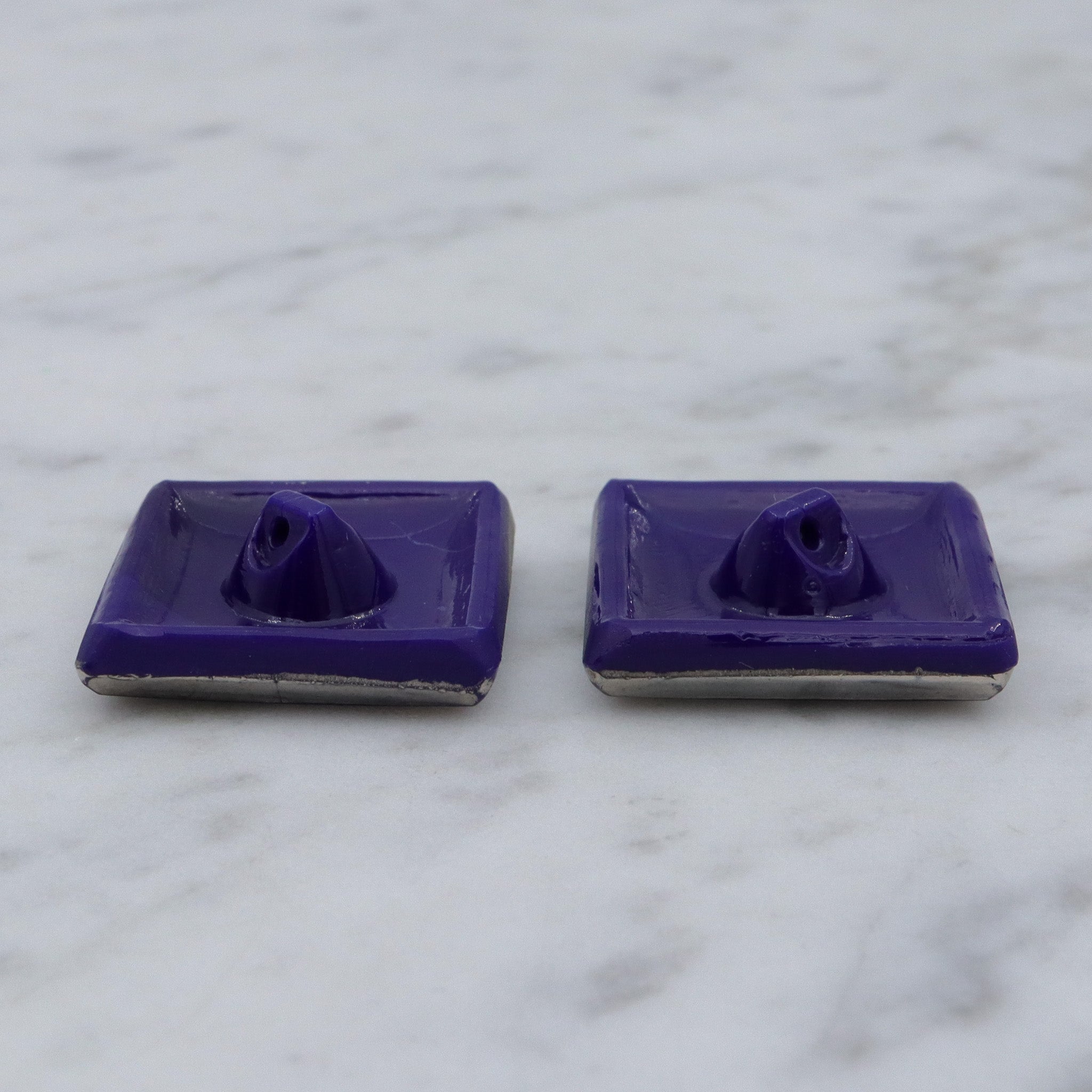 Antique pair of Art Deco cobalt blue glass & silver painted buttons