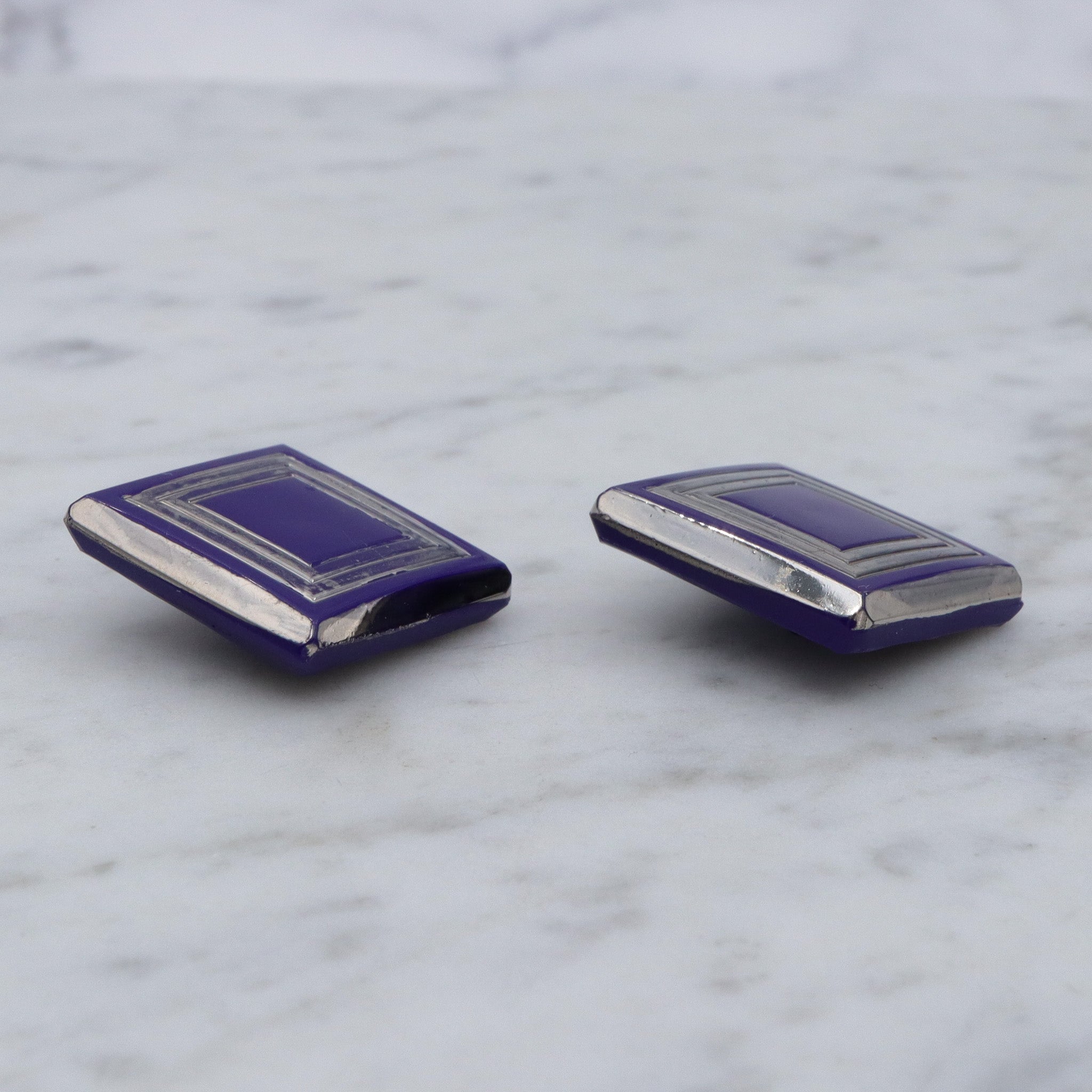 Antique pair of Art Deco cobalt blue glass & silver painted buttons