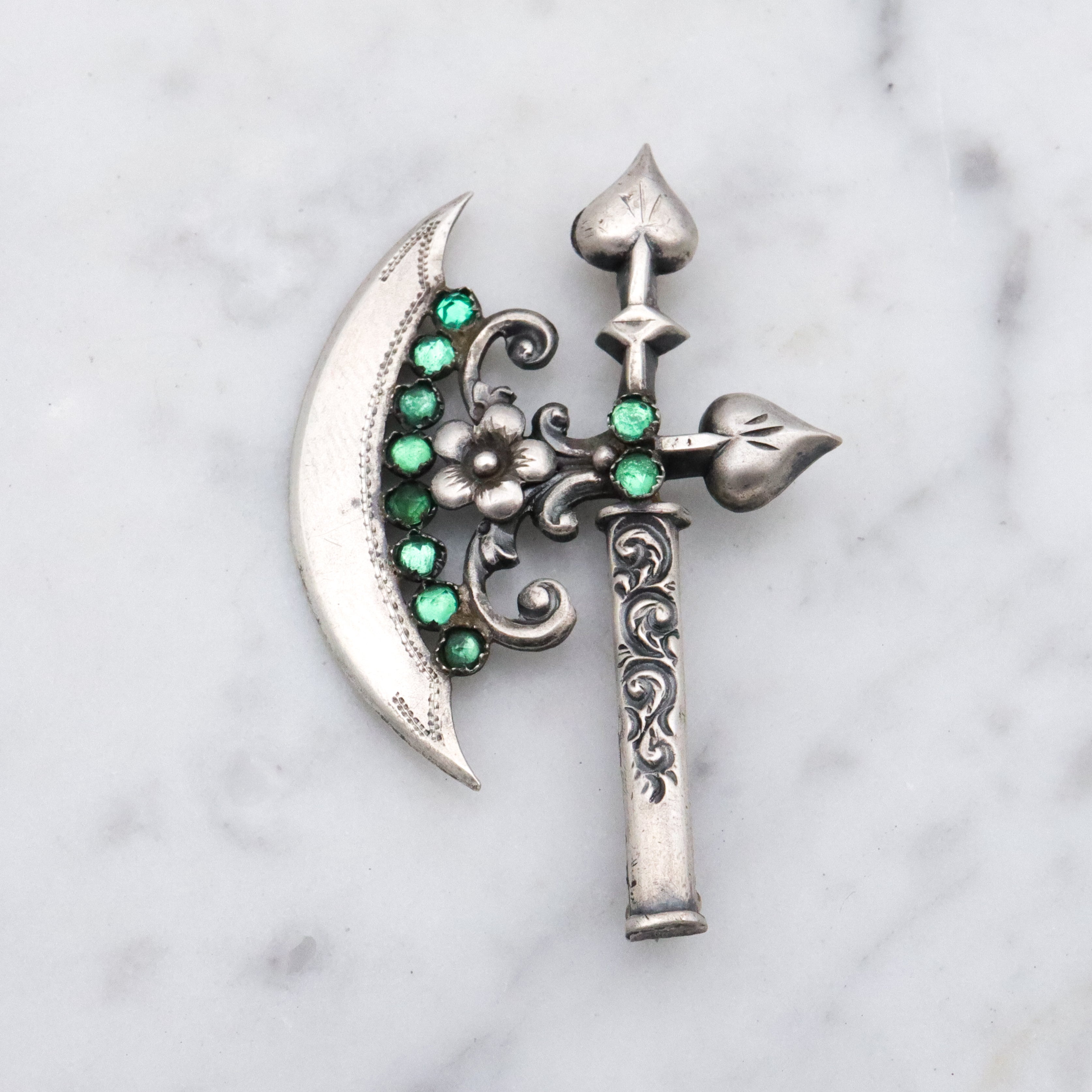 Rare Antique Victorian sterling fancy battle axe brooch with emerald paste gems