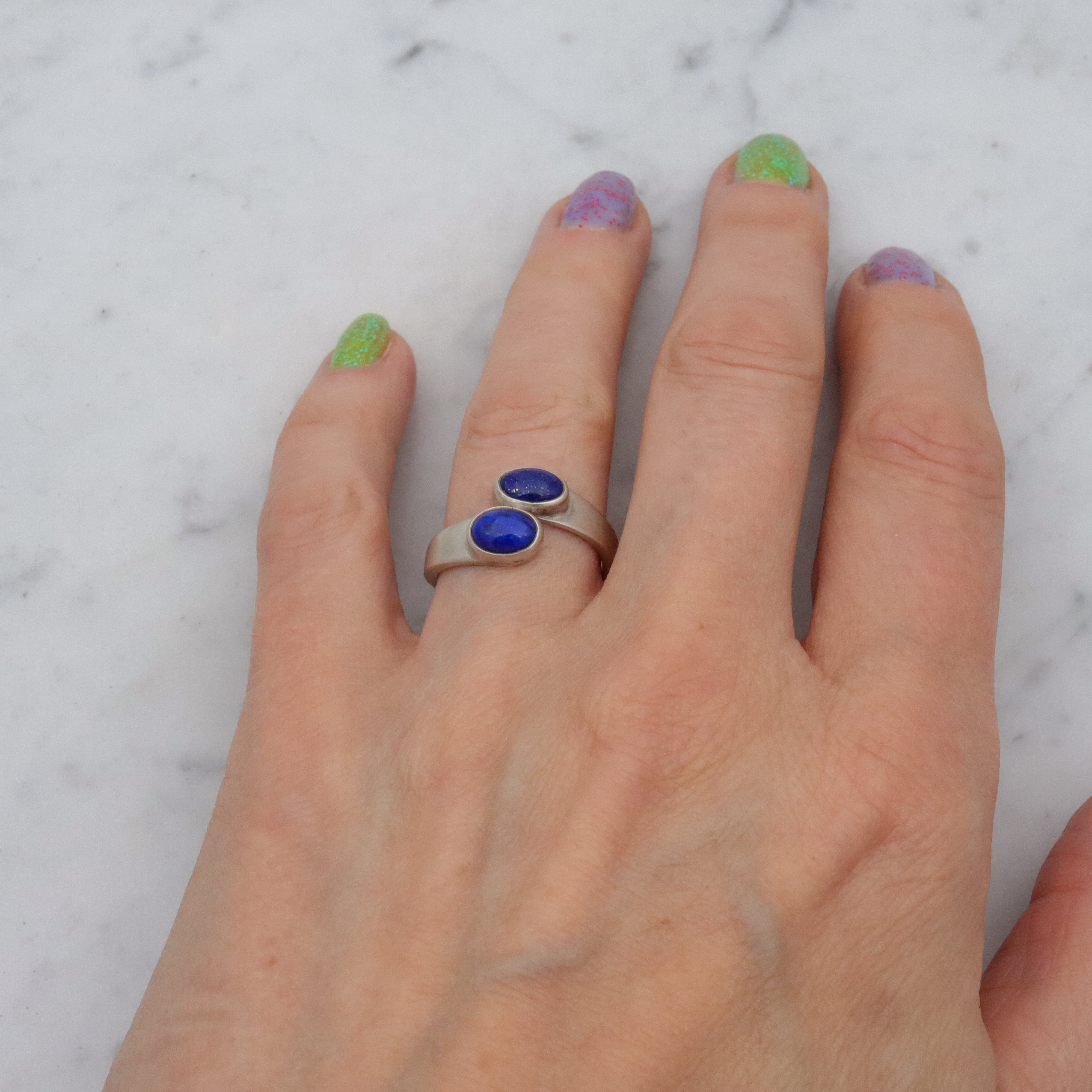 Vintage silver modernist & lapis wrap ring, sz 6.5