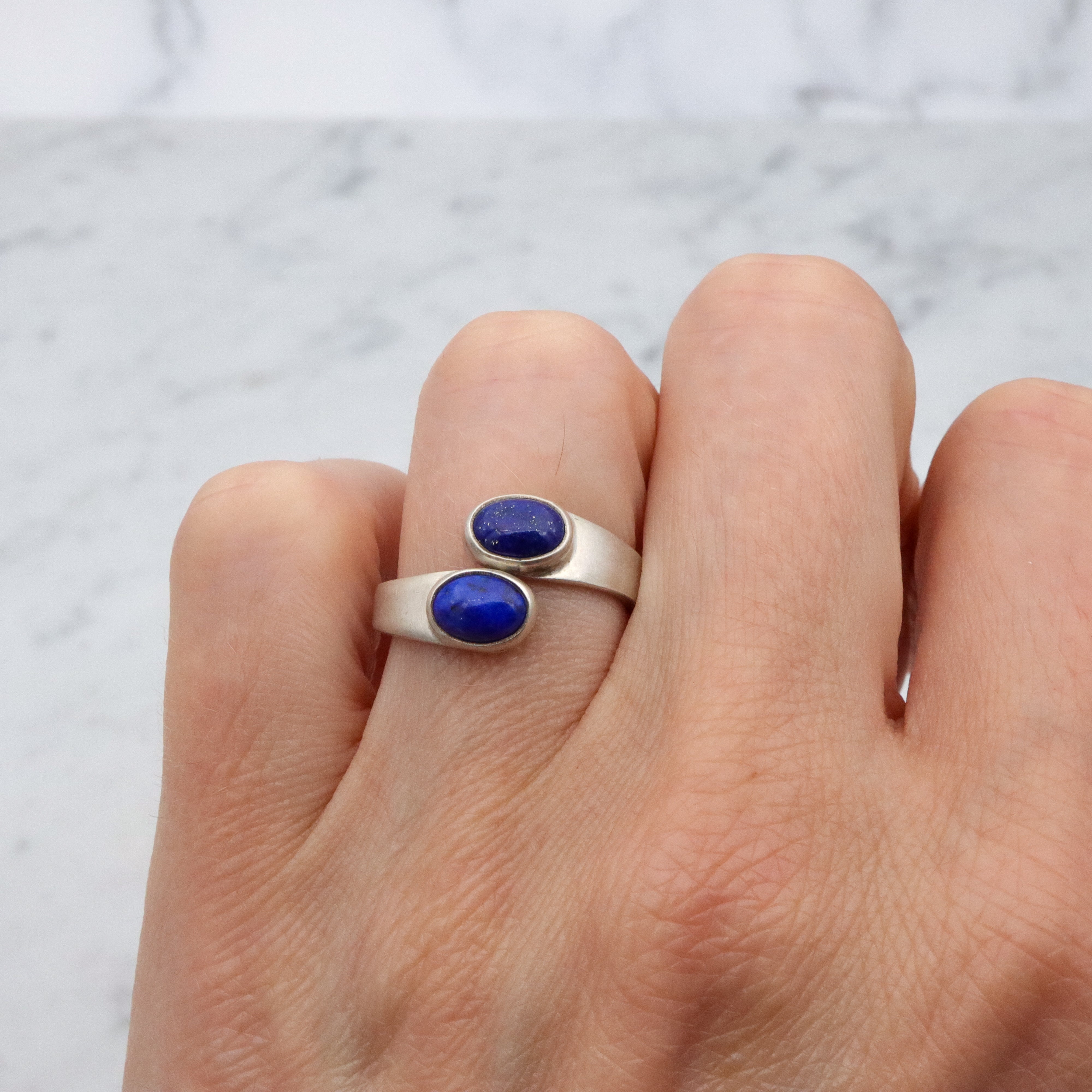 Vintage silver modernist & lapis wrap ring, sz 6.5
