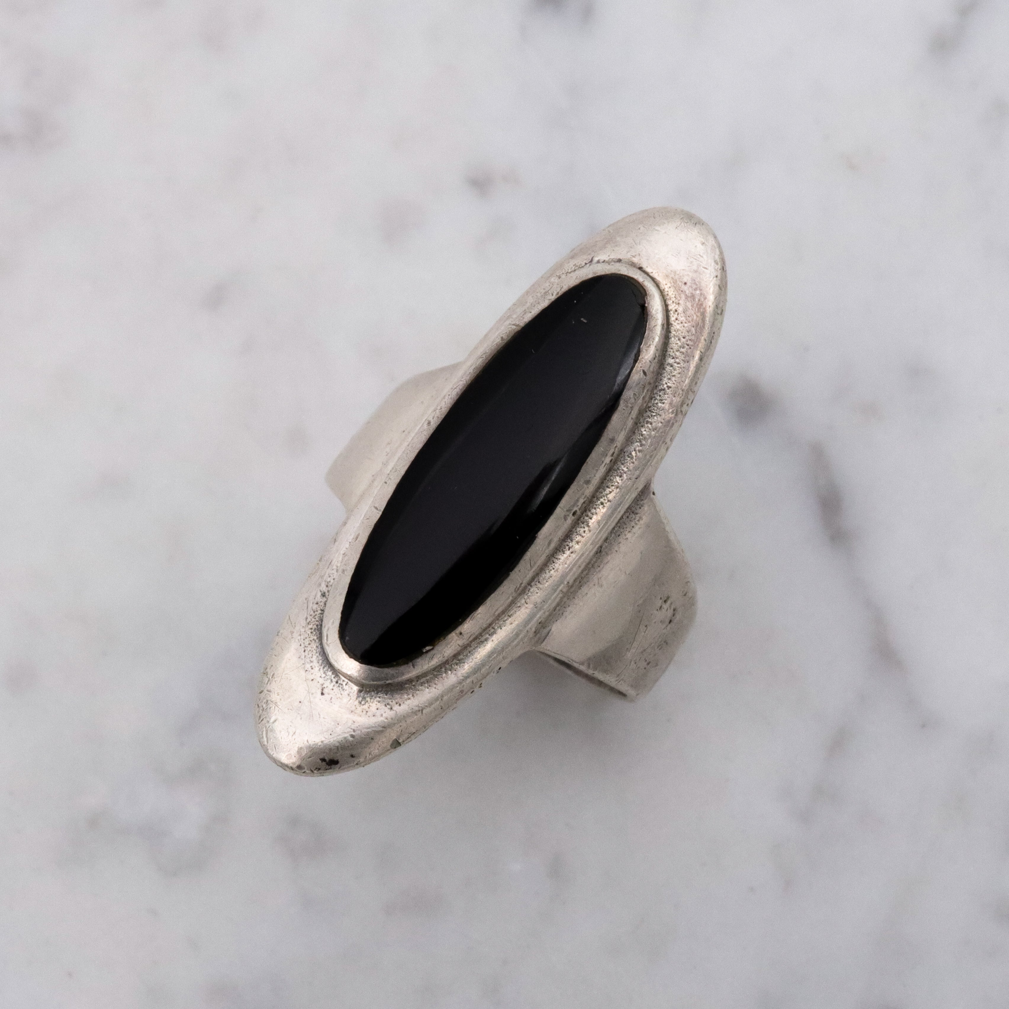 Retro sterling & onyx long navette ring, size 8