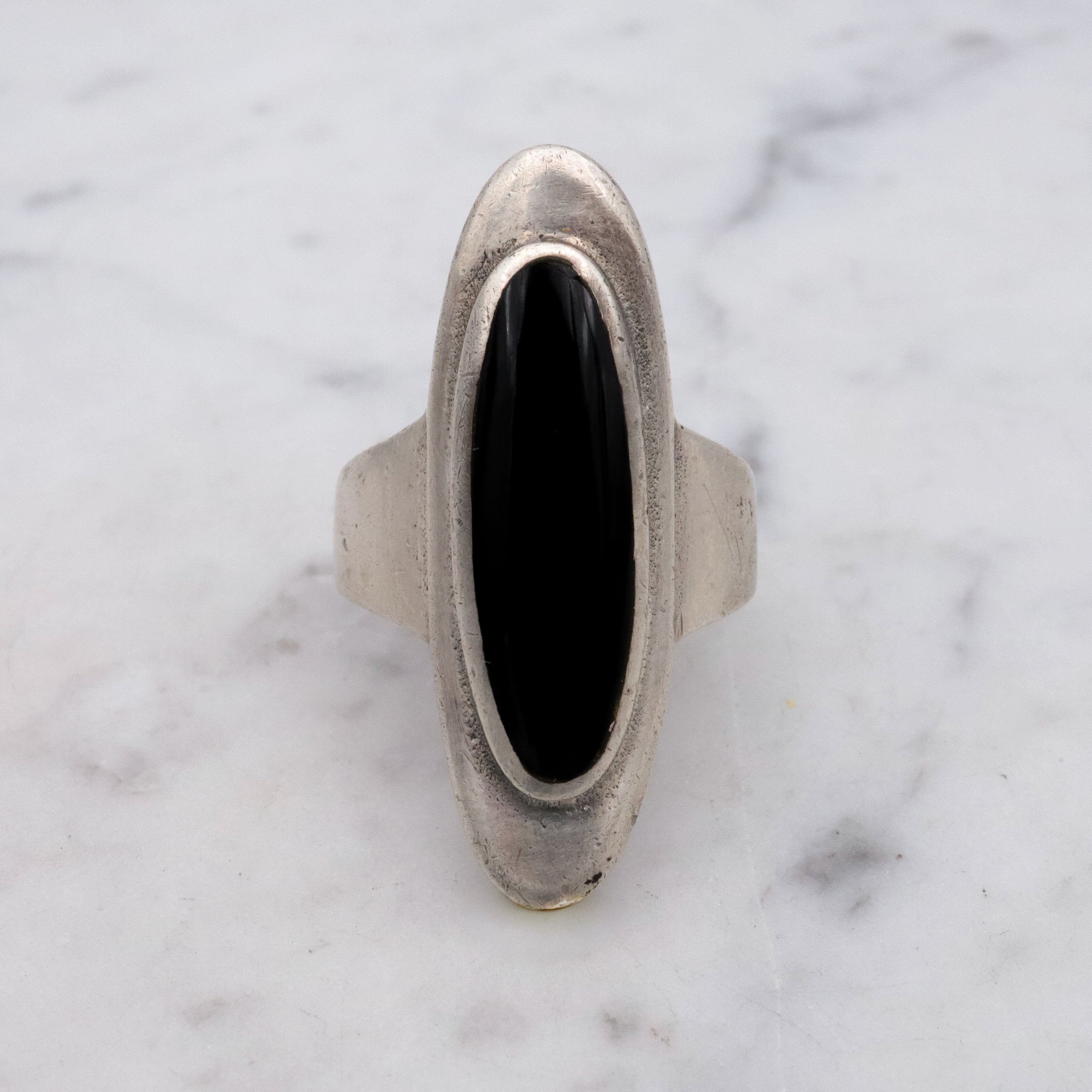 Retro sterling & onyx long navette ring, size 8