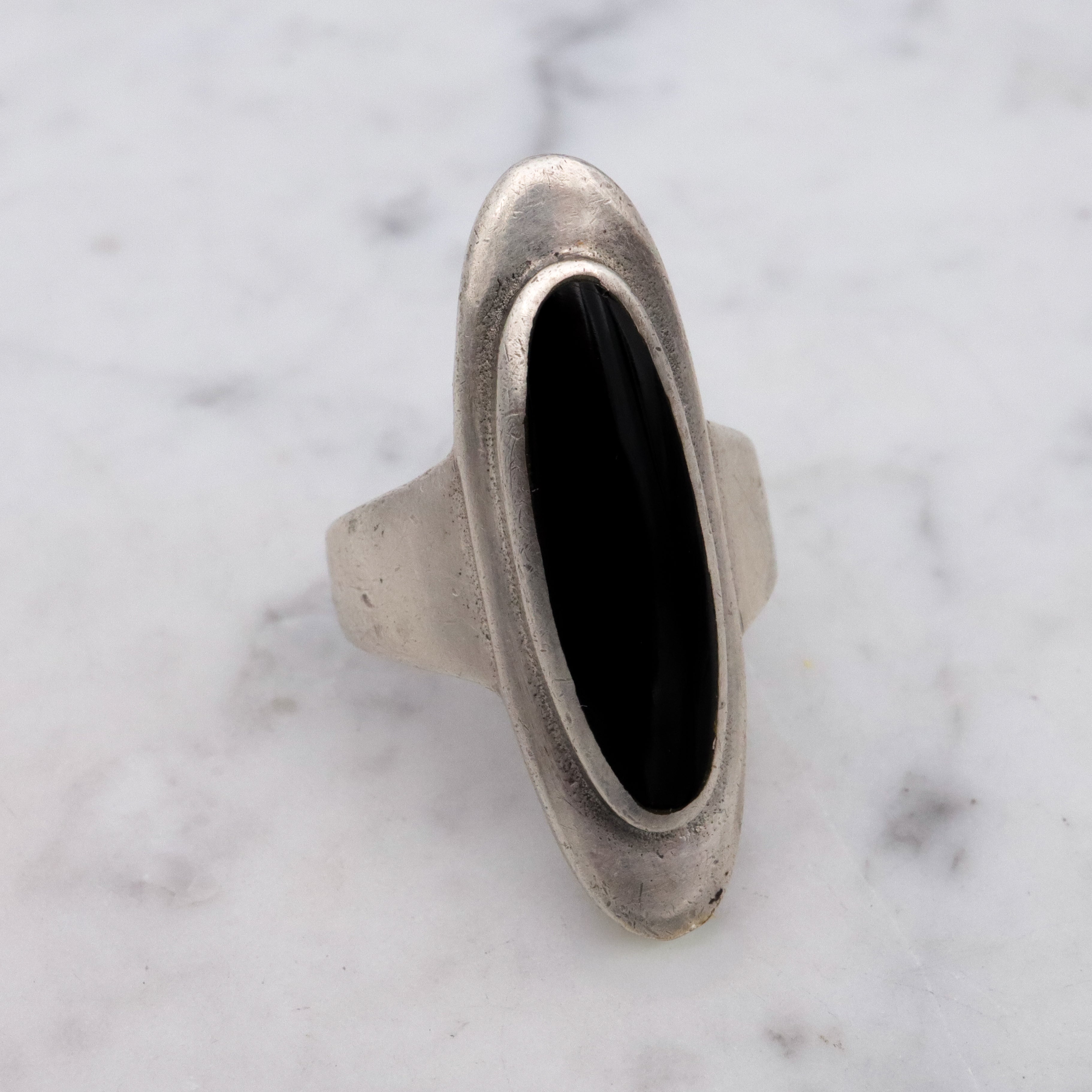 Retro sterling & onyx long navette ring, size 8