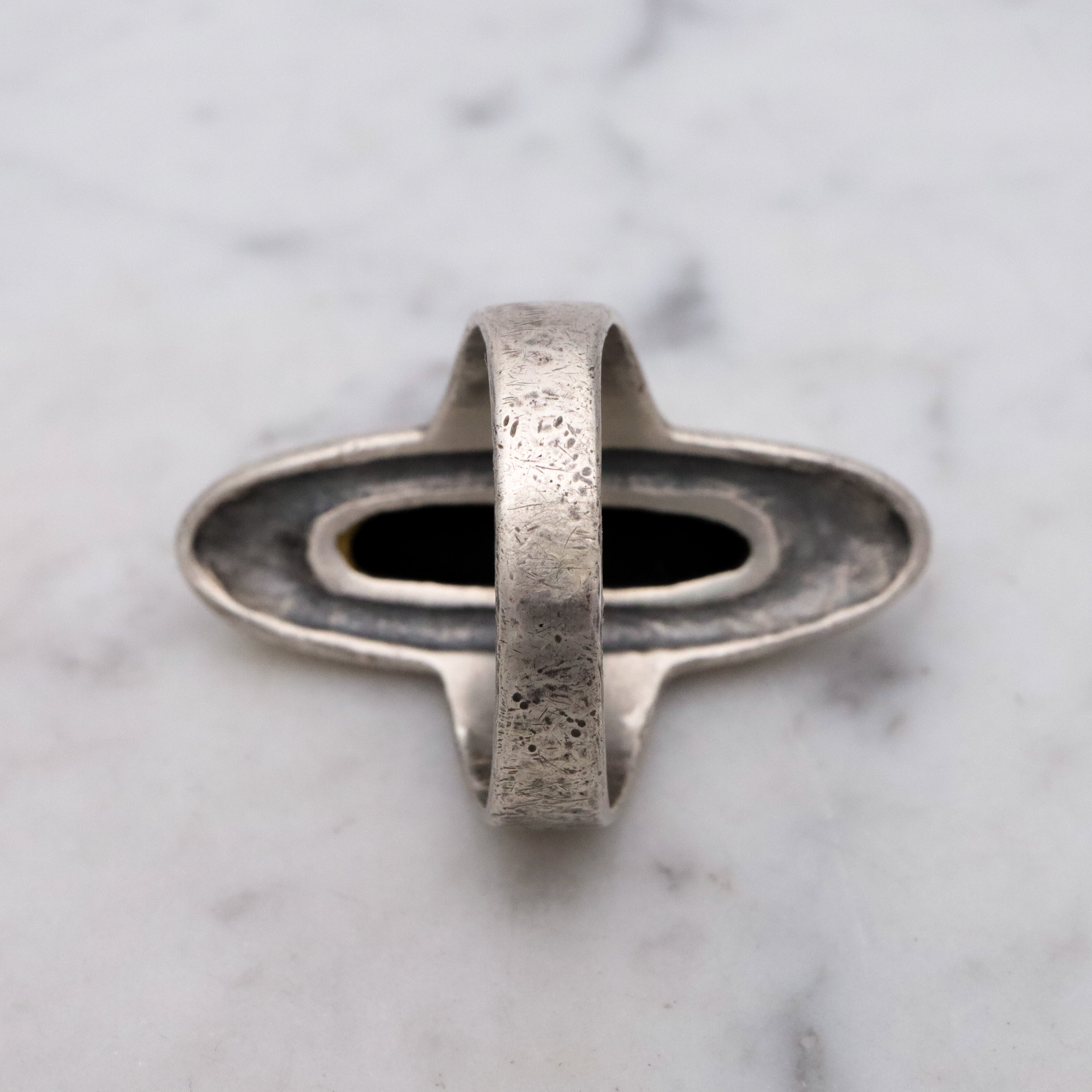 Retro sterling & onyx long navette ring, size 8