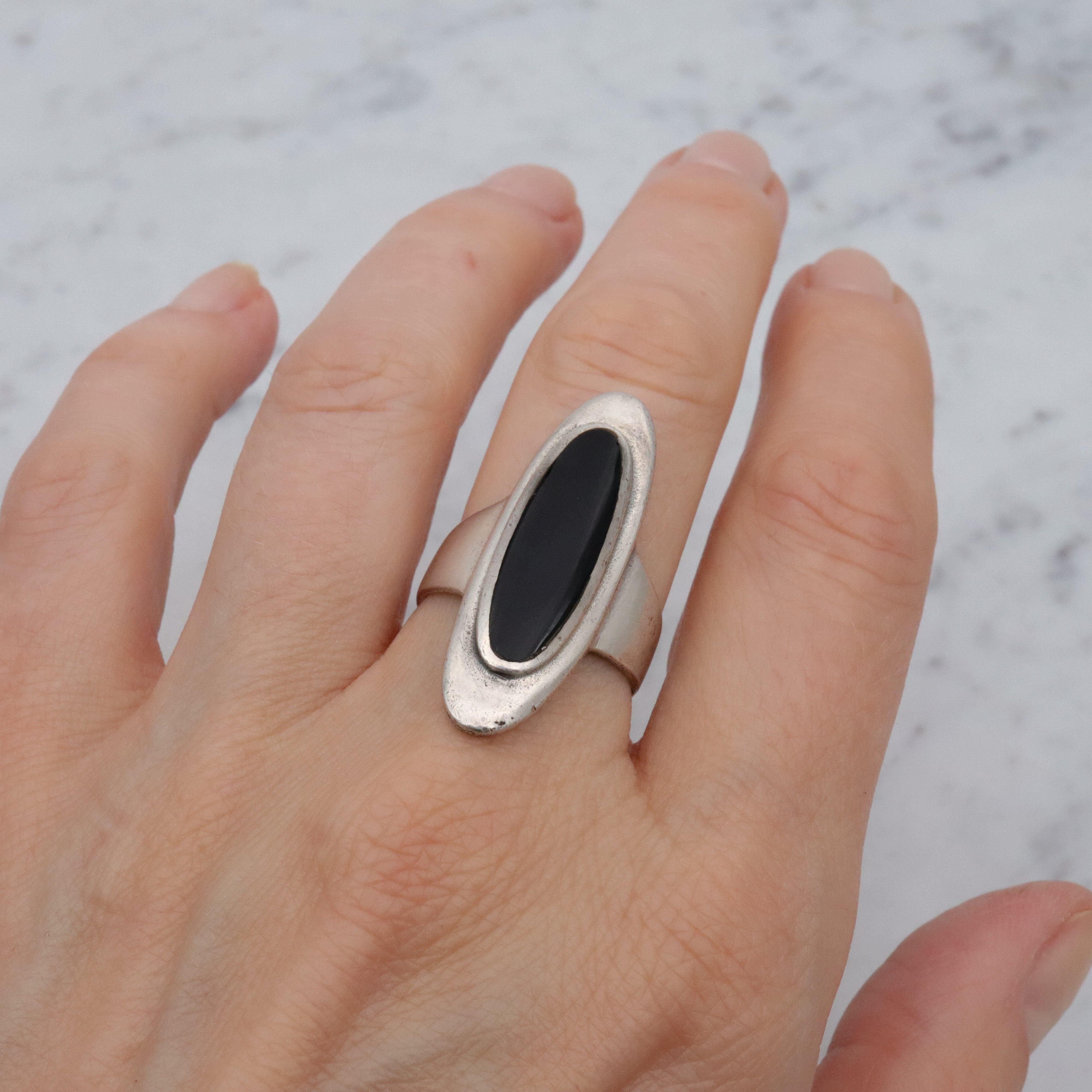 Retro sterling & onyx long navette ring, size 8