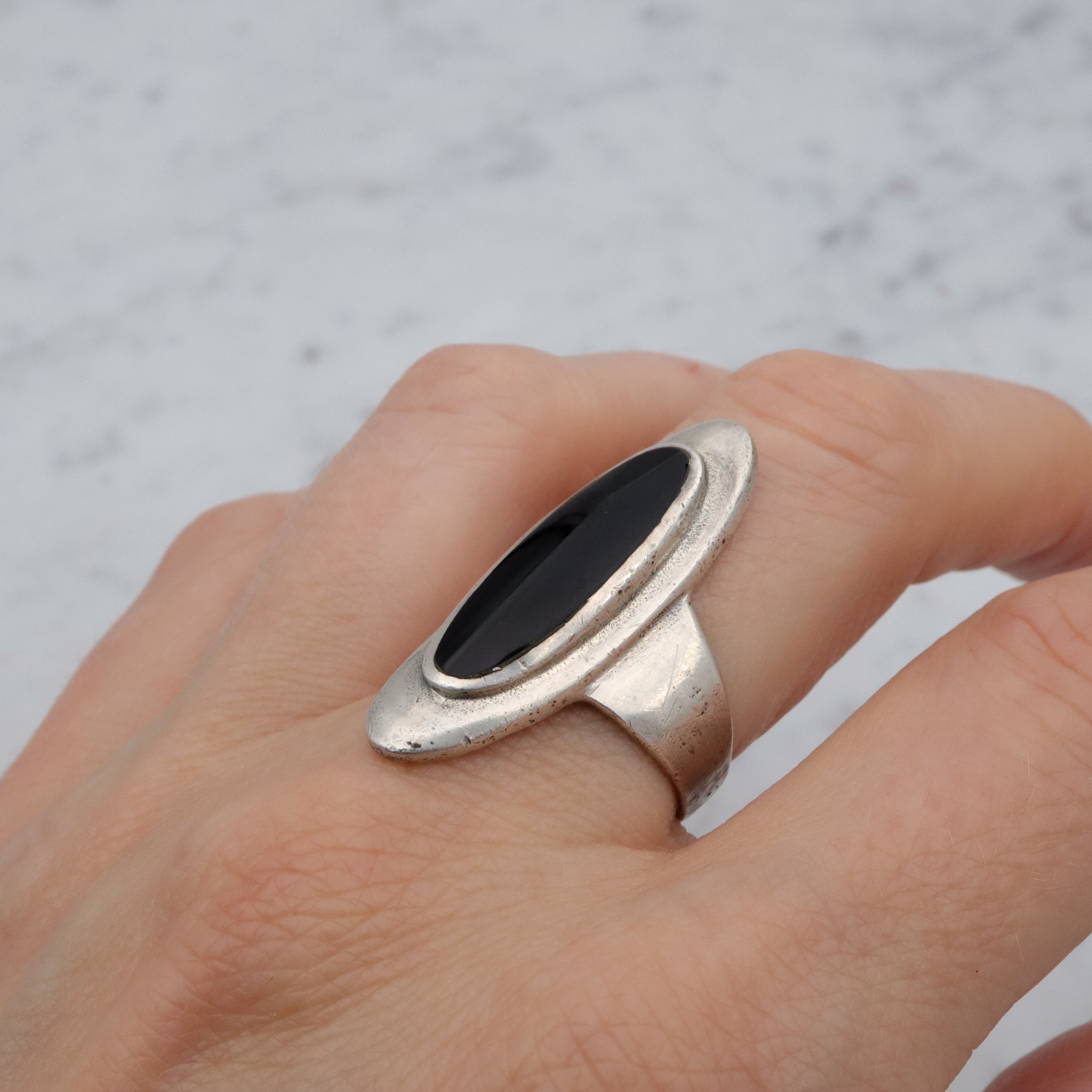 Retro sterling & onyx long navette ring, size 8