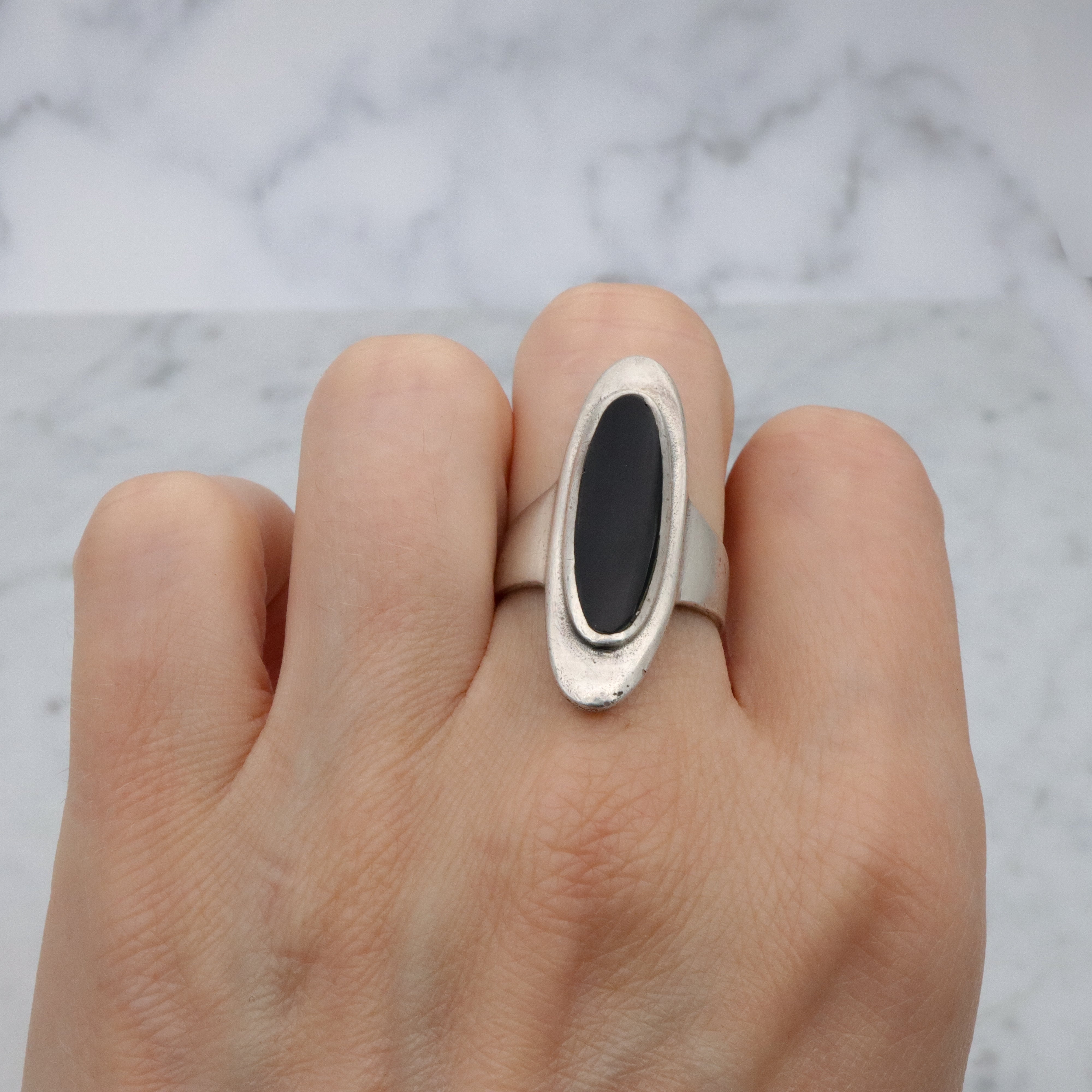 Retro sterling & onyx long navette ring, size 8