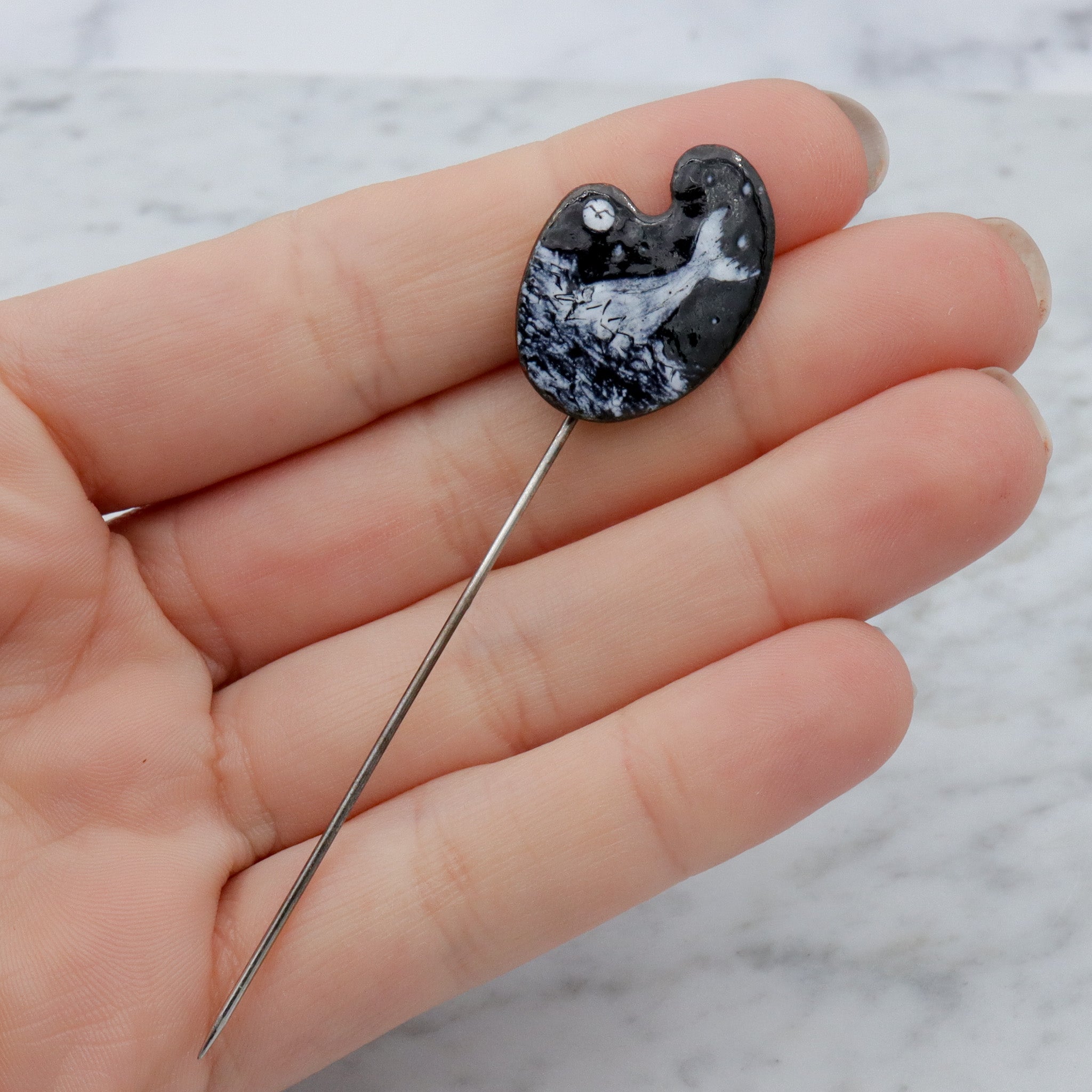 Mid Century Modern hand enameled copper plaque stick pin