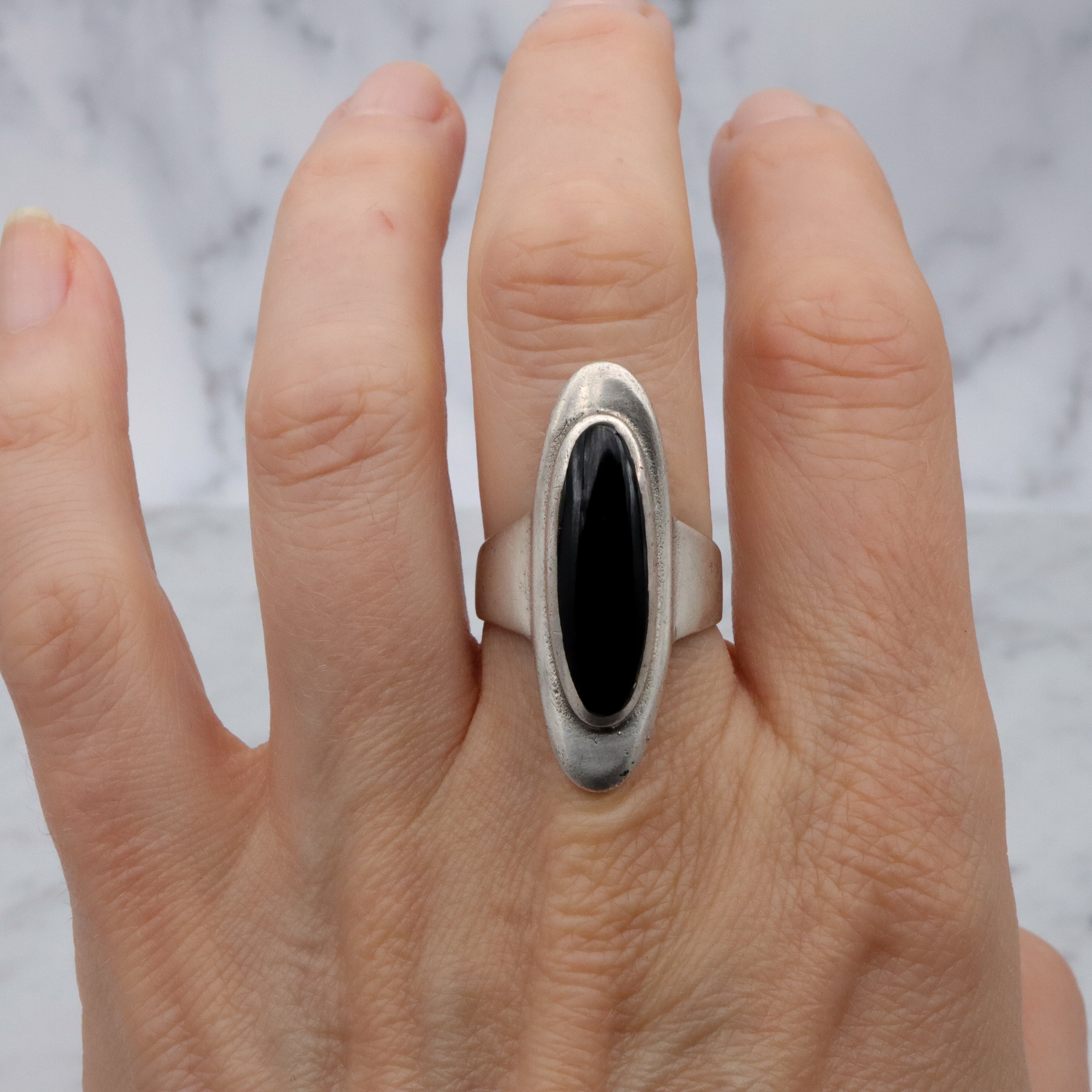 Retro sterling & onyx long navette ring, size 8