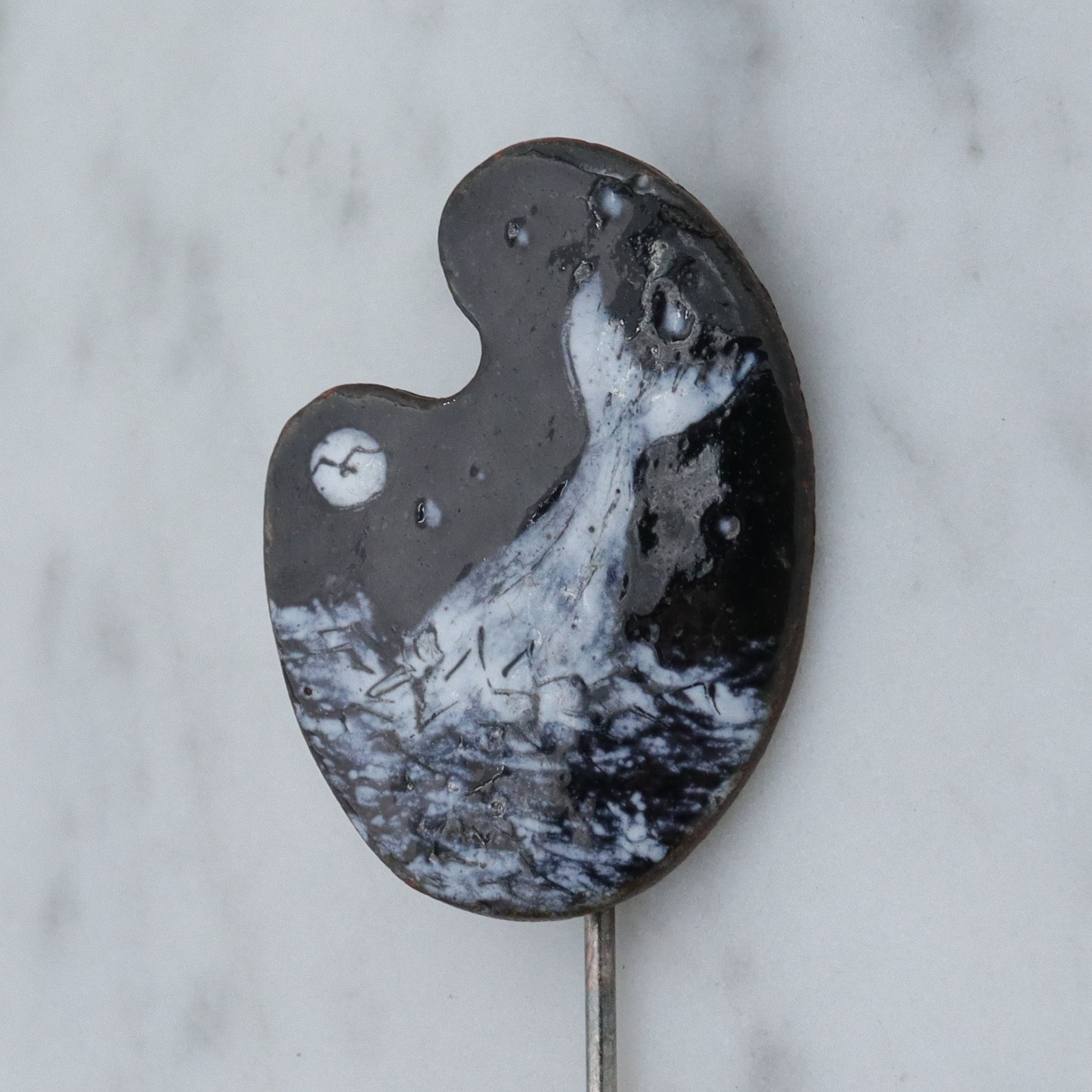 Mid Century Modern hand enameled copper plaque stick pin