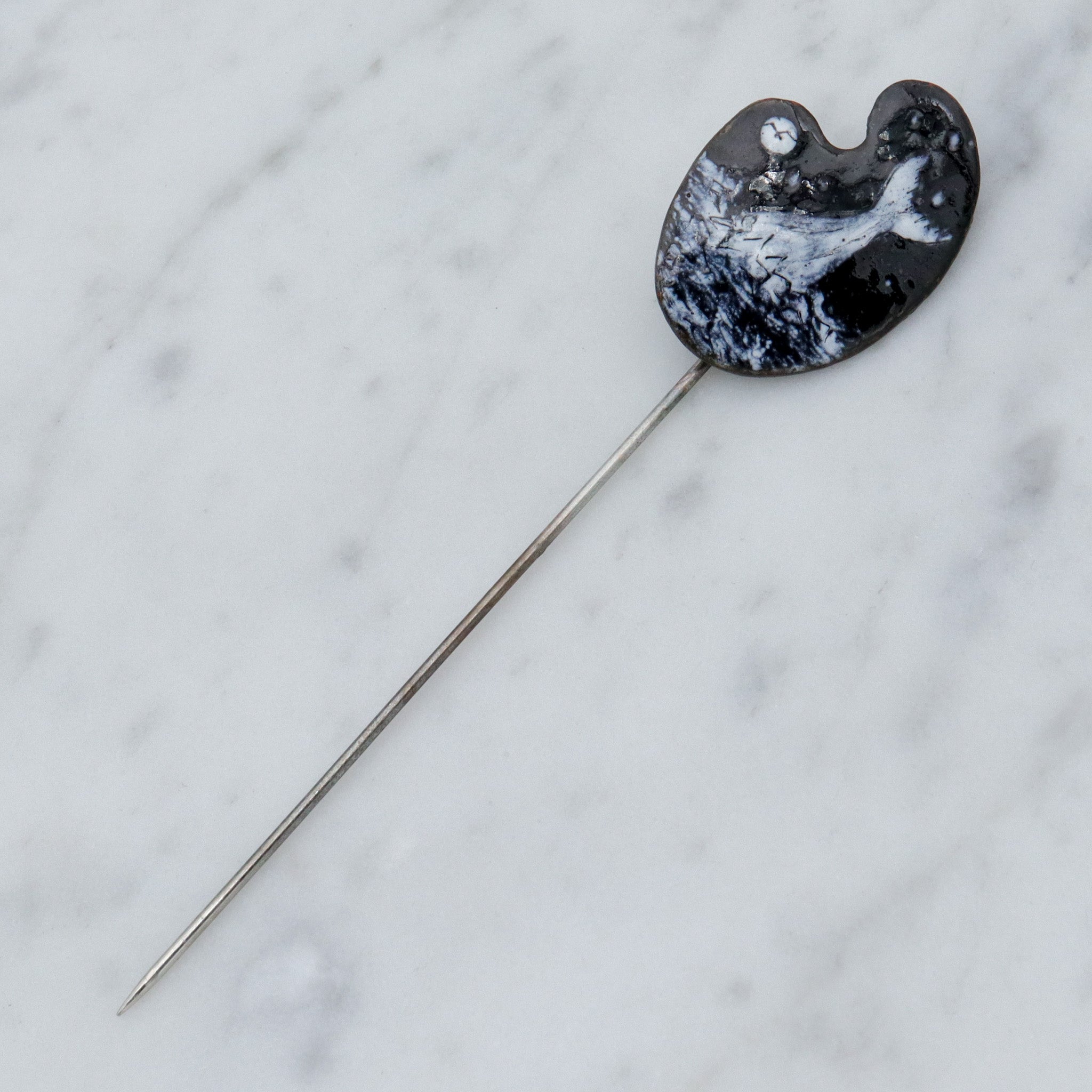 Mid Century Modern hand enameled copper plaque stick pin