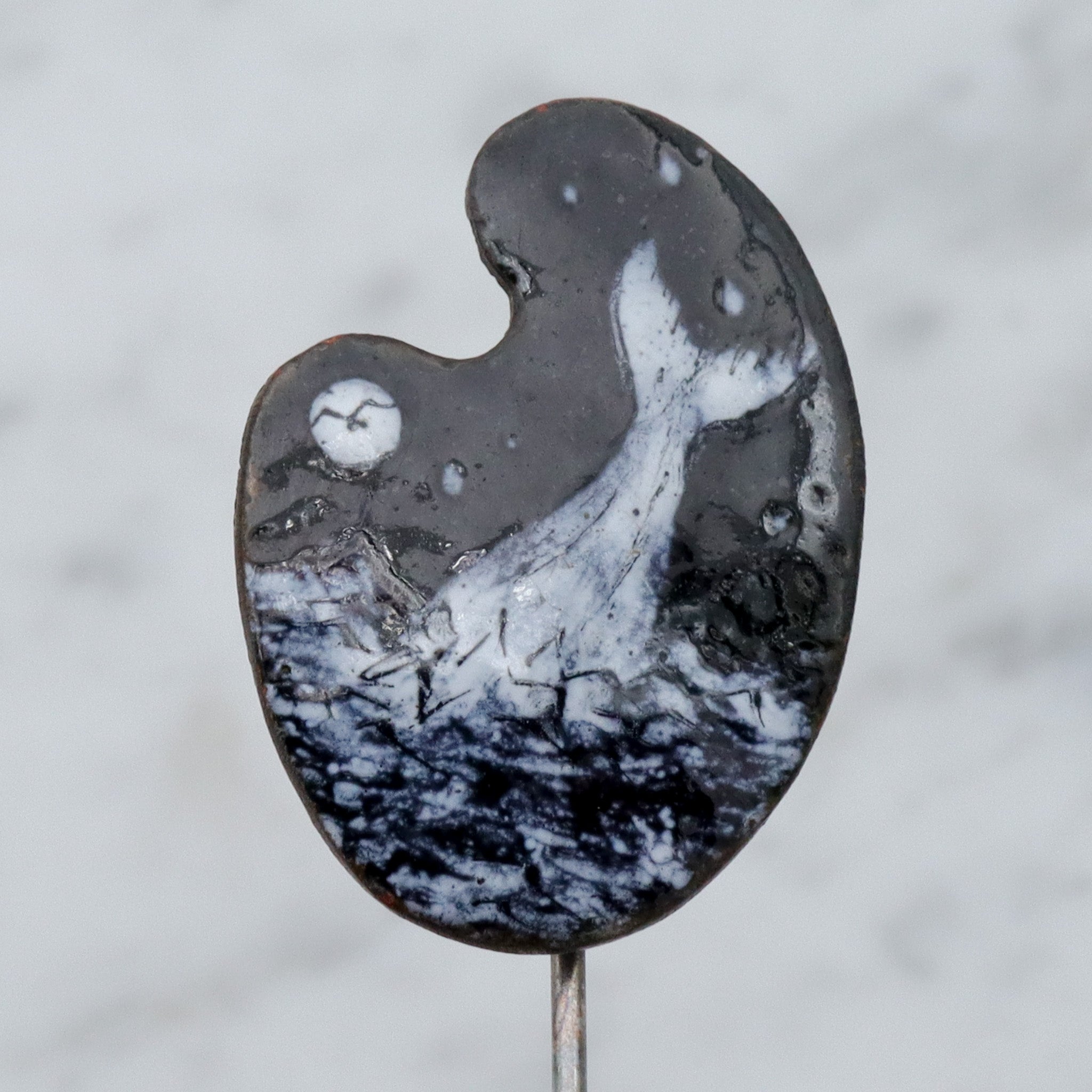 Mid Century Modern hand enameled copper plaque stick pin