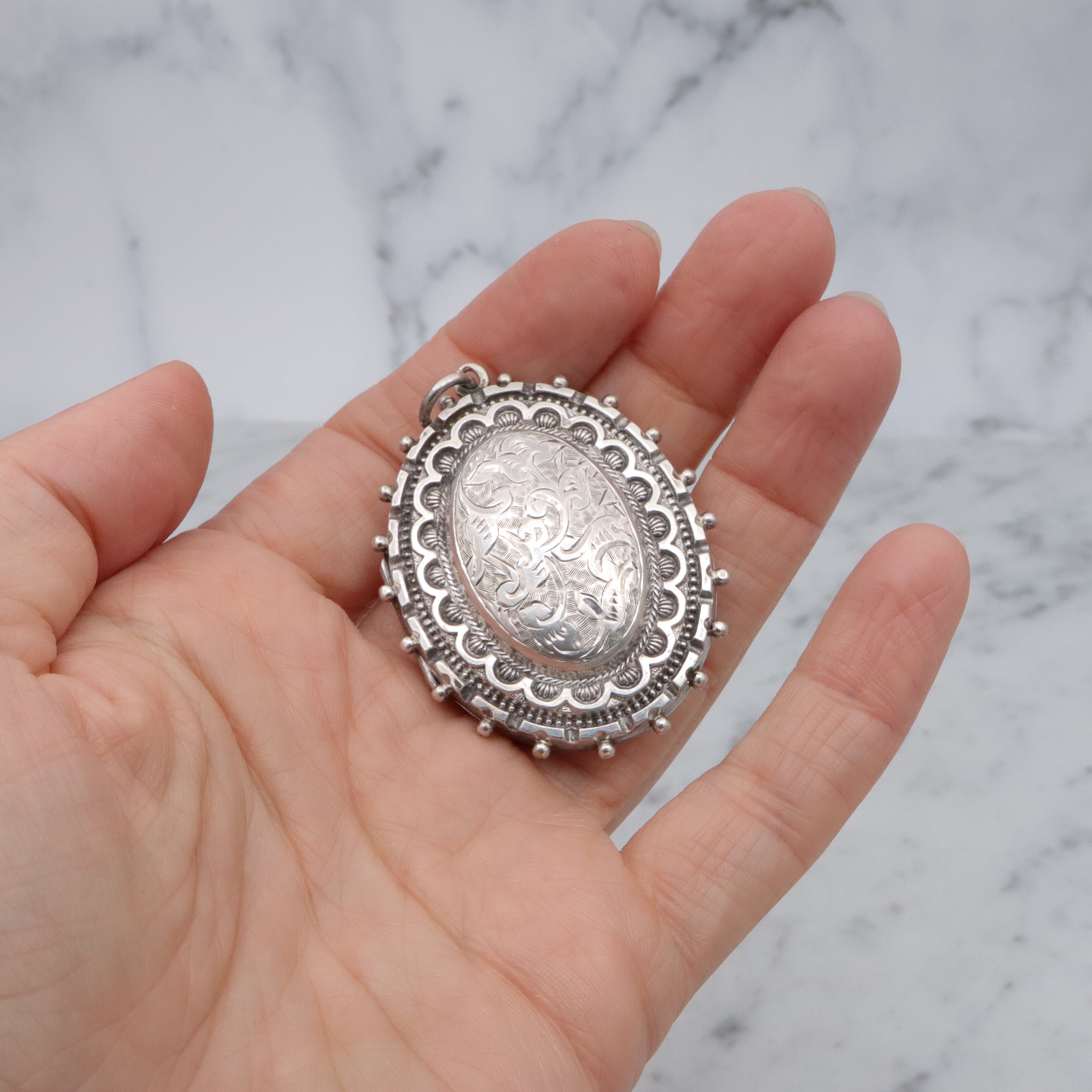 Antique Victorian Etruscan Revival English sterling large oval locket