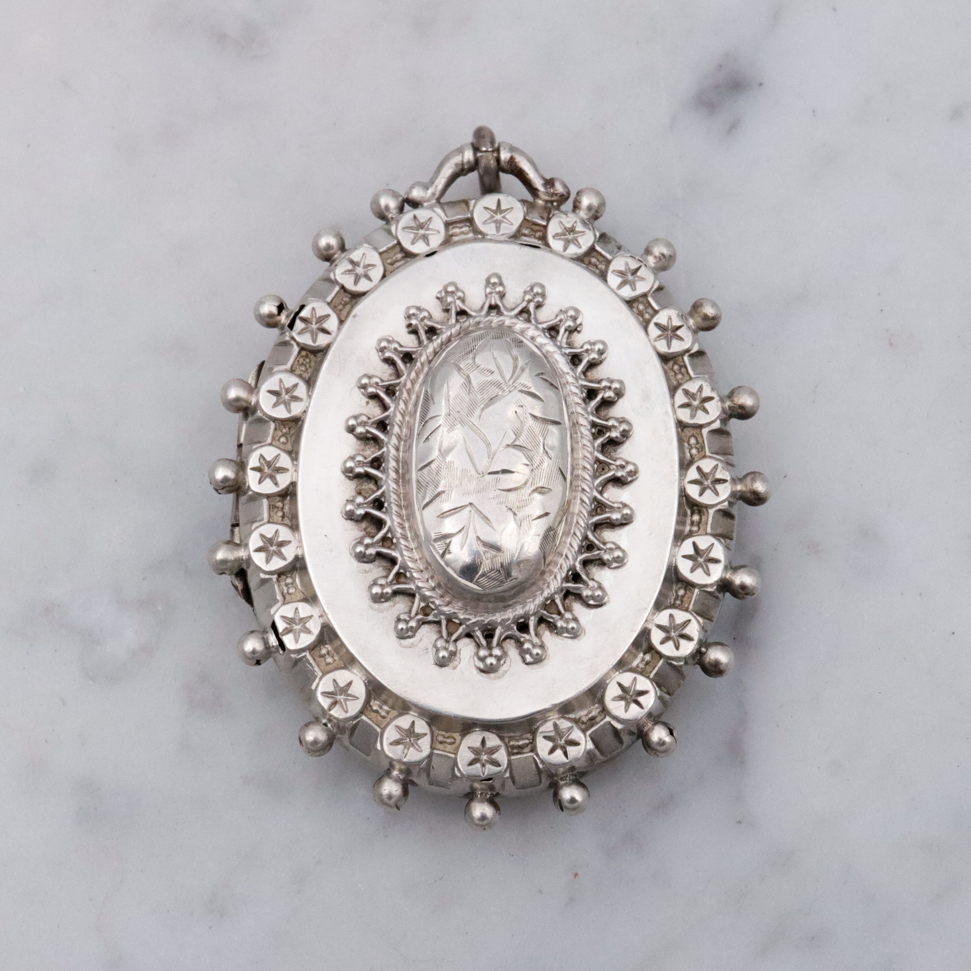 English Victorian Etruscan Revival sterling locket pendant, by RJD 1884