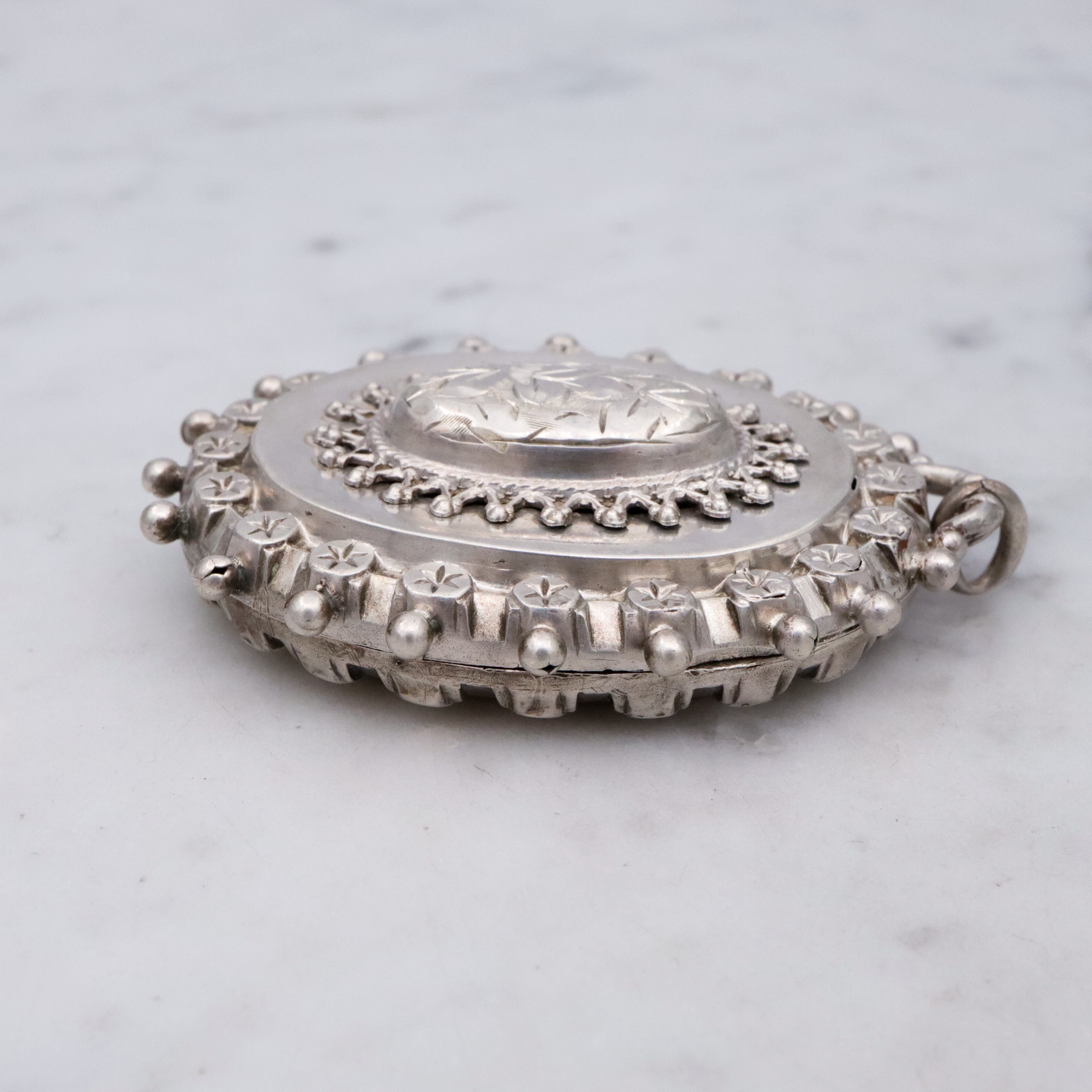 English Victorian Etruscan Revival sterling locket pendant, by RJD 1884