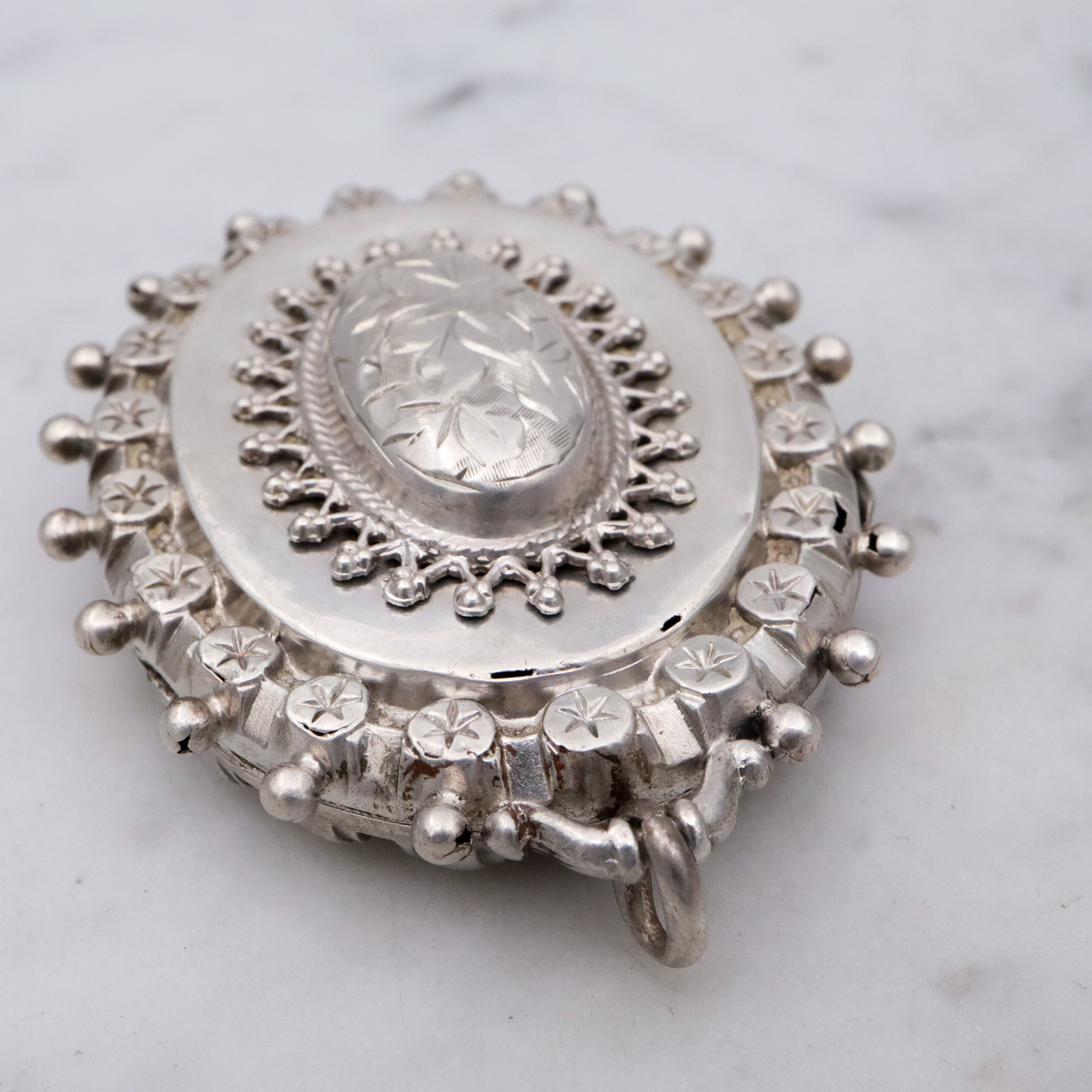 English Victorian Etruscan Revival sterling locket pendant, by RJD 1884
