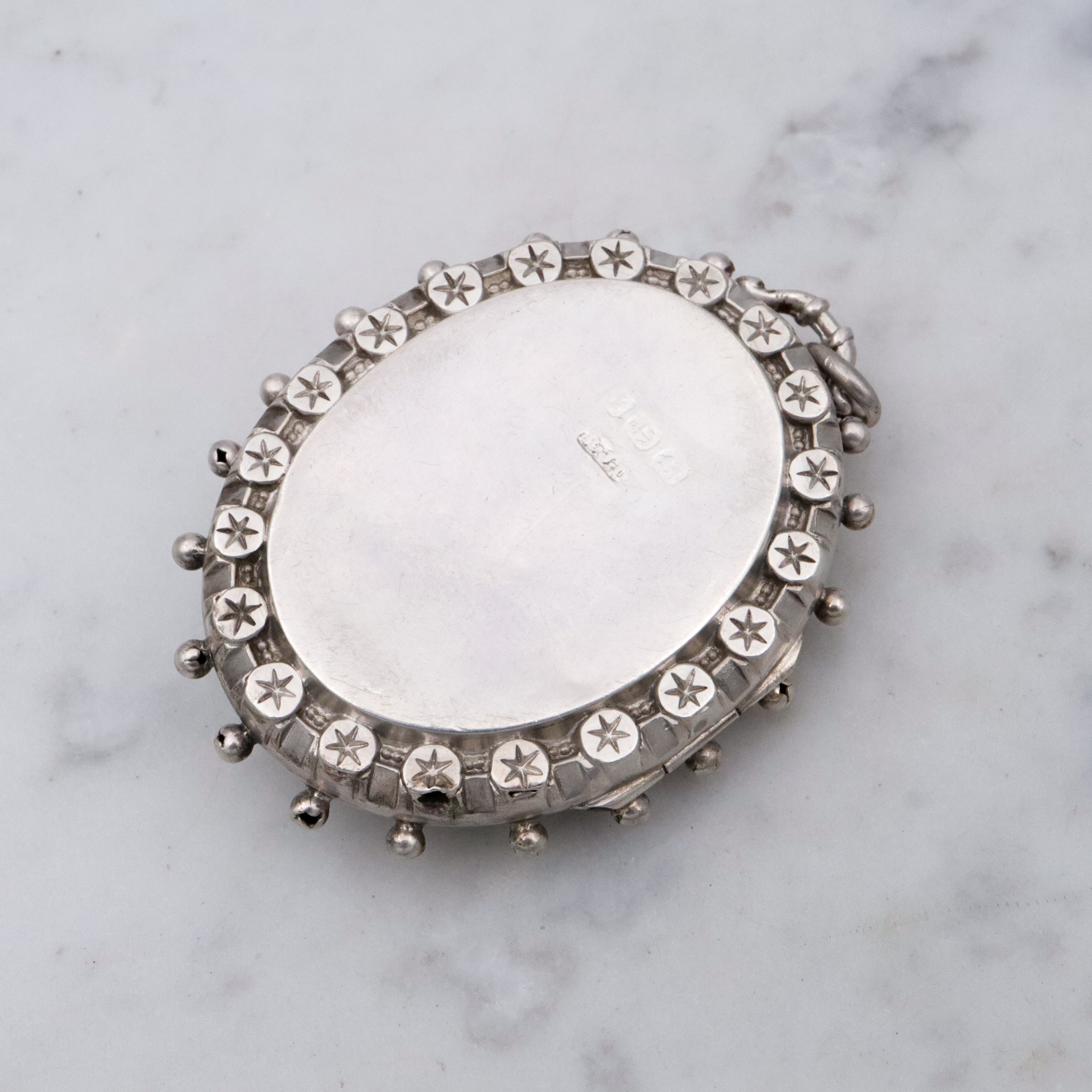 English Victorian Etruscan Revival sterling locket pendant, by RJD 1884