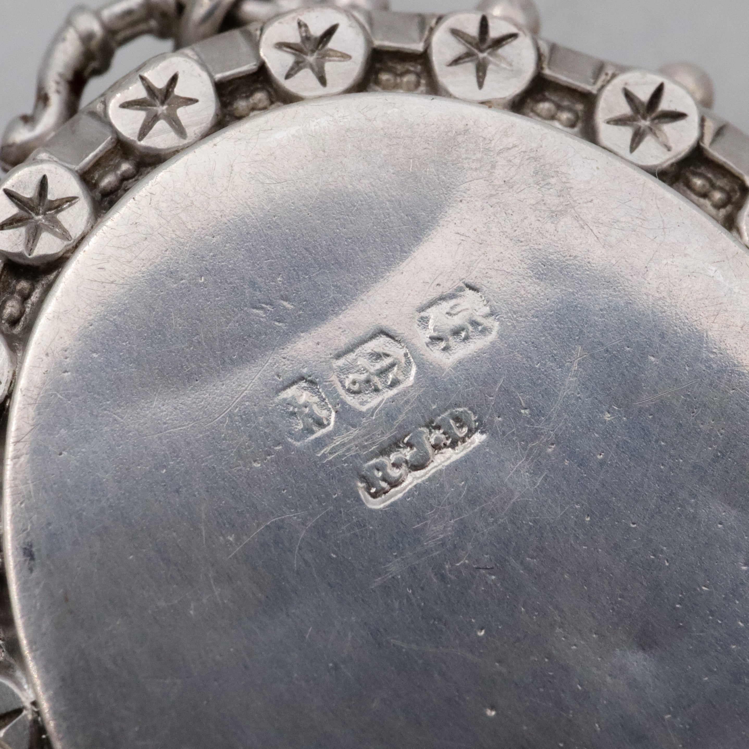 English Victorian Etruscan Revival sterling locket pendant, by RJD 1884