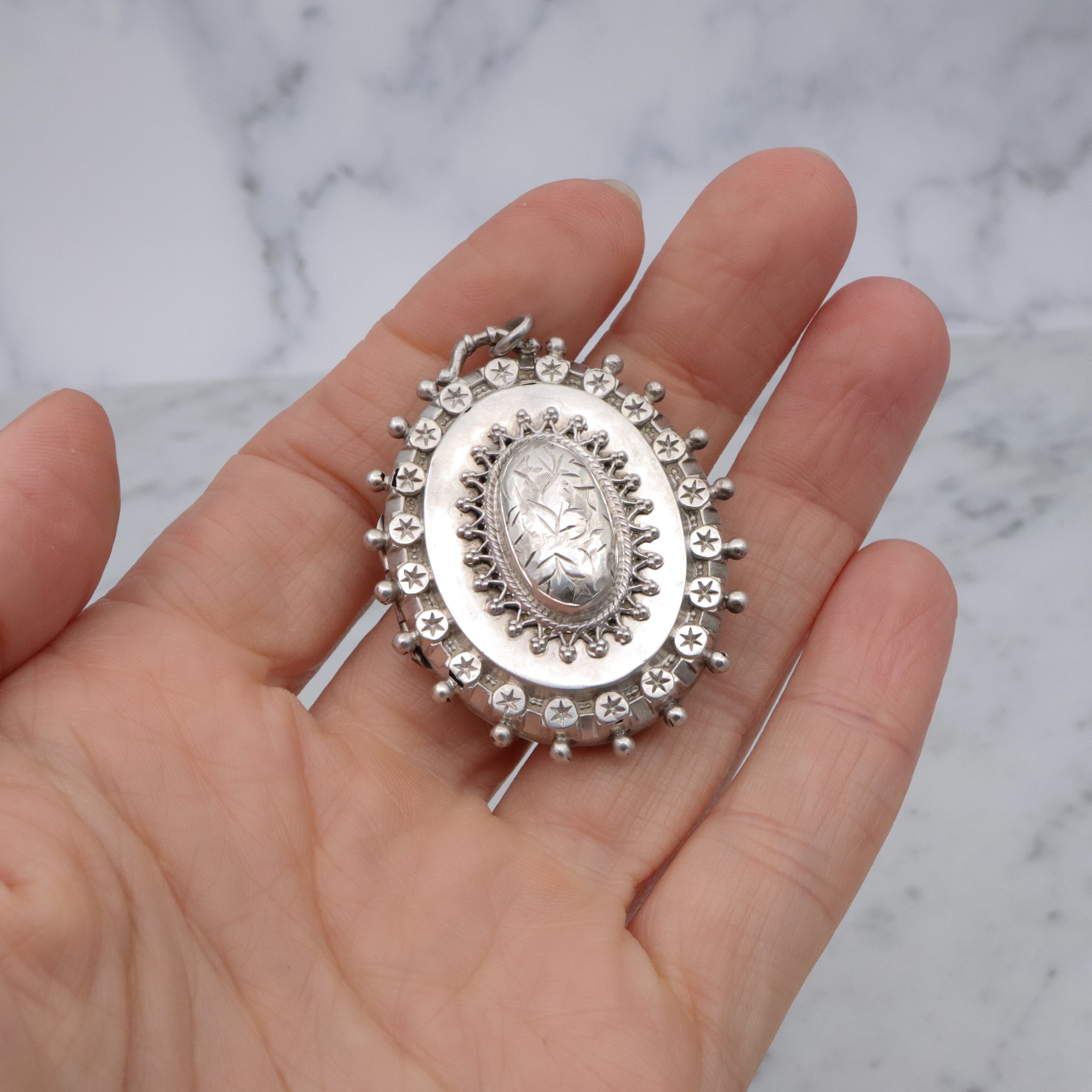 English Victorian Etruscan Revival sterling locket pendant, by RJD 1884