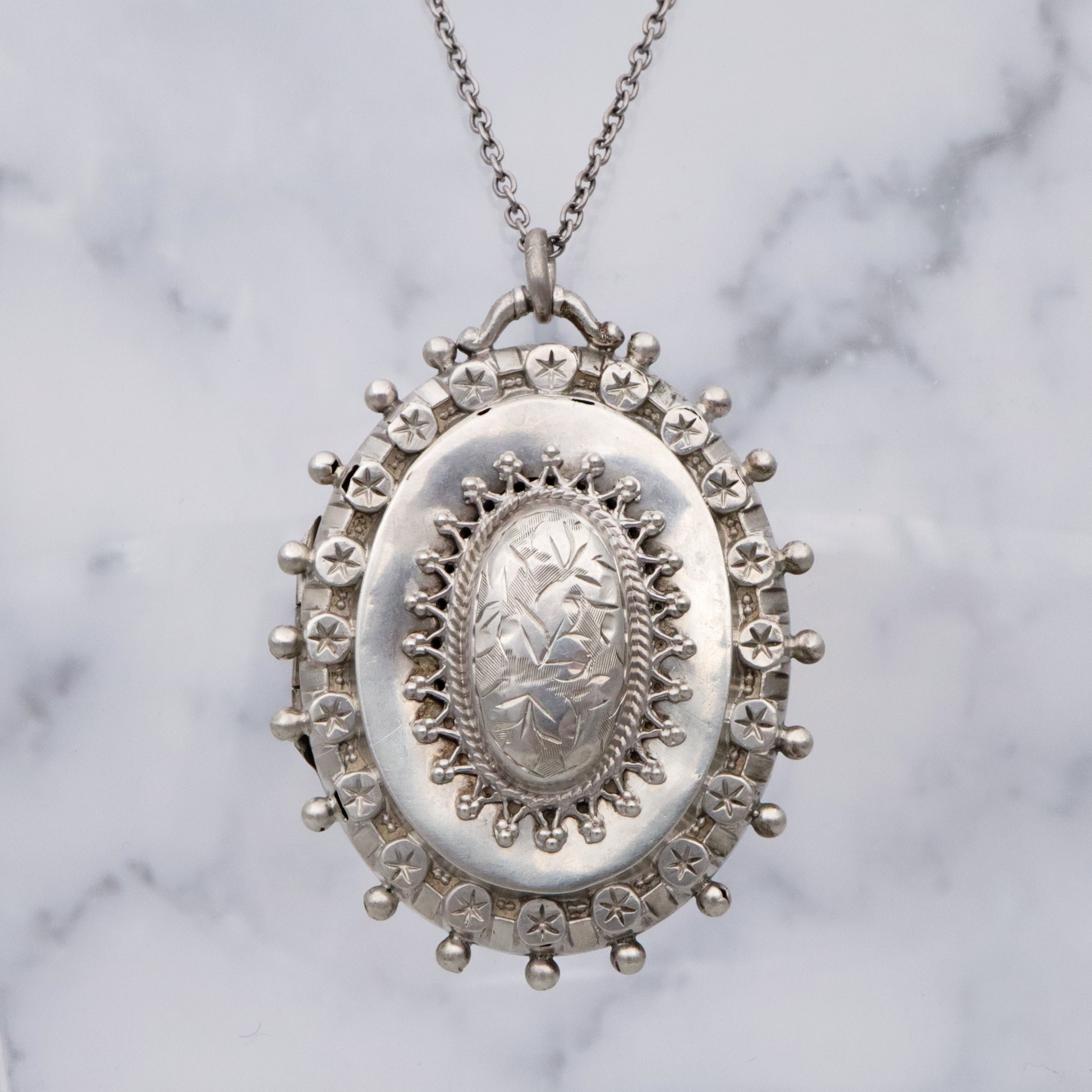 English Victorian Etruscan Revival sterling locket pendant, by RJD 1884