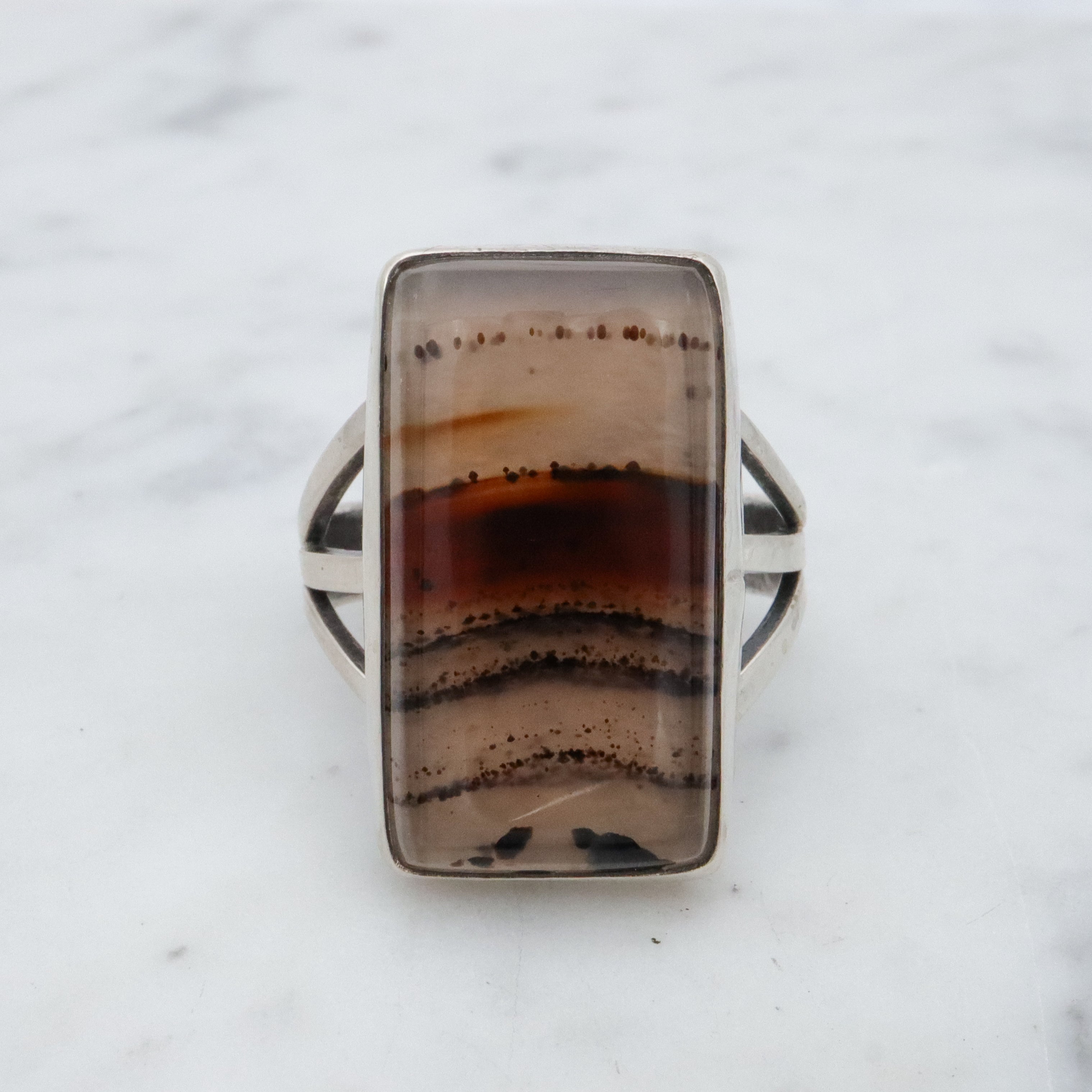 Vintage Navajo banded agate chunky sterling ring, size 11