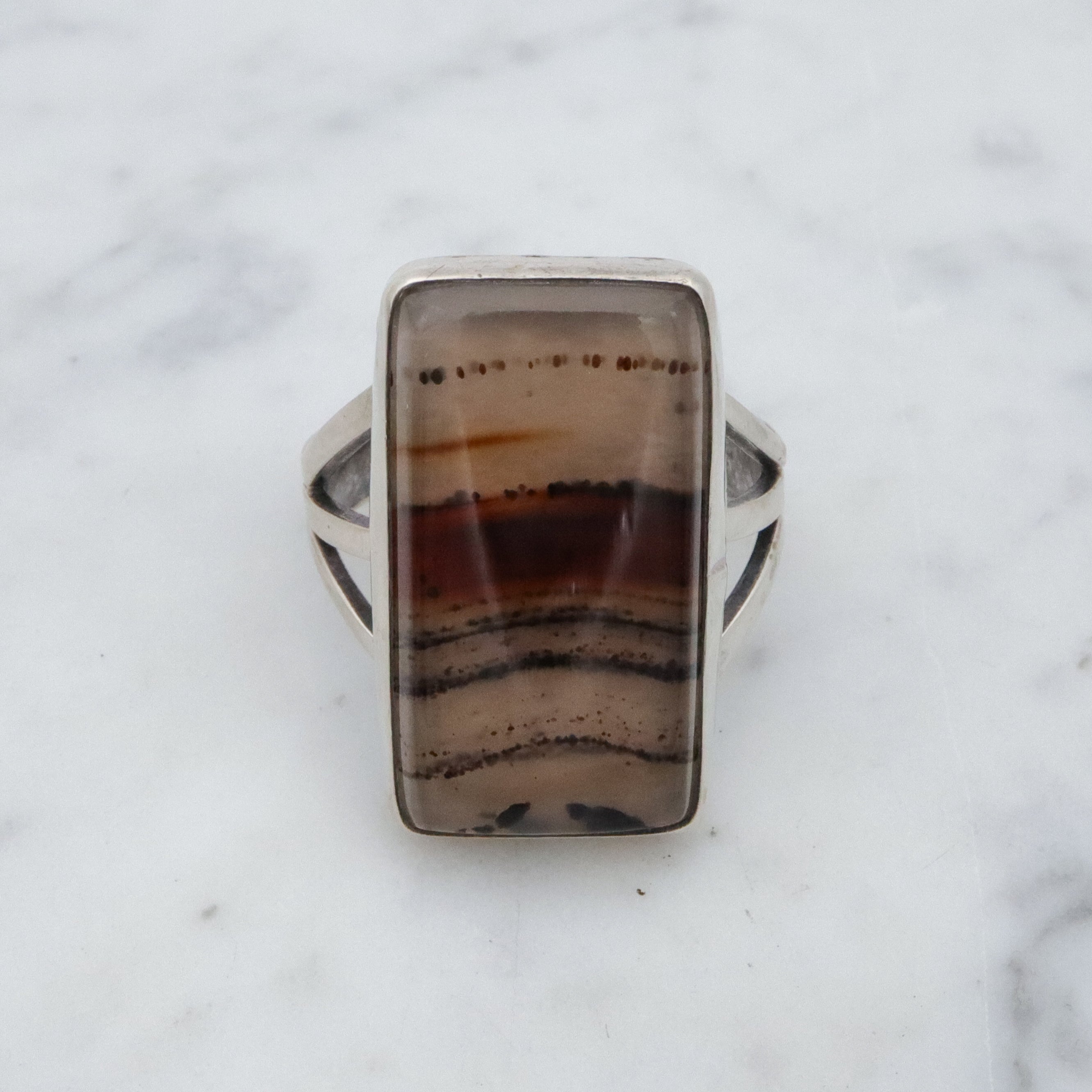 Vintage Navajo banded agate chunky sterling ring, size 11