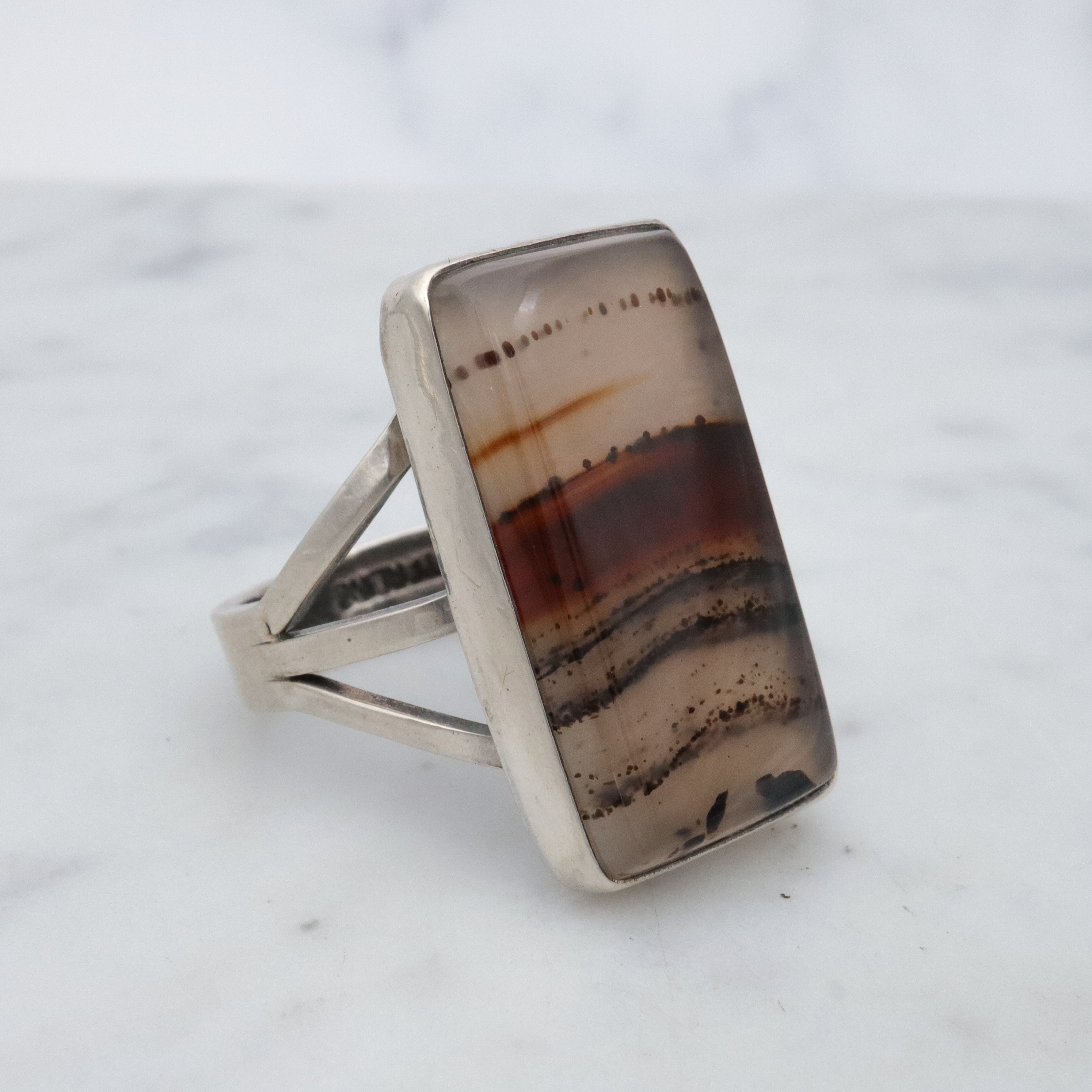 Vintage Navajo banded agate chunky sterling ring, size 11