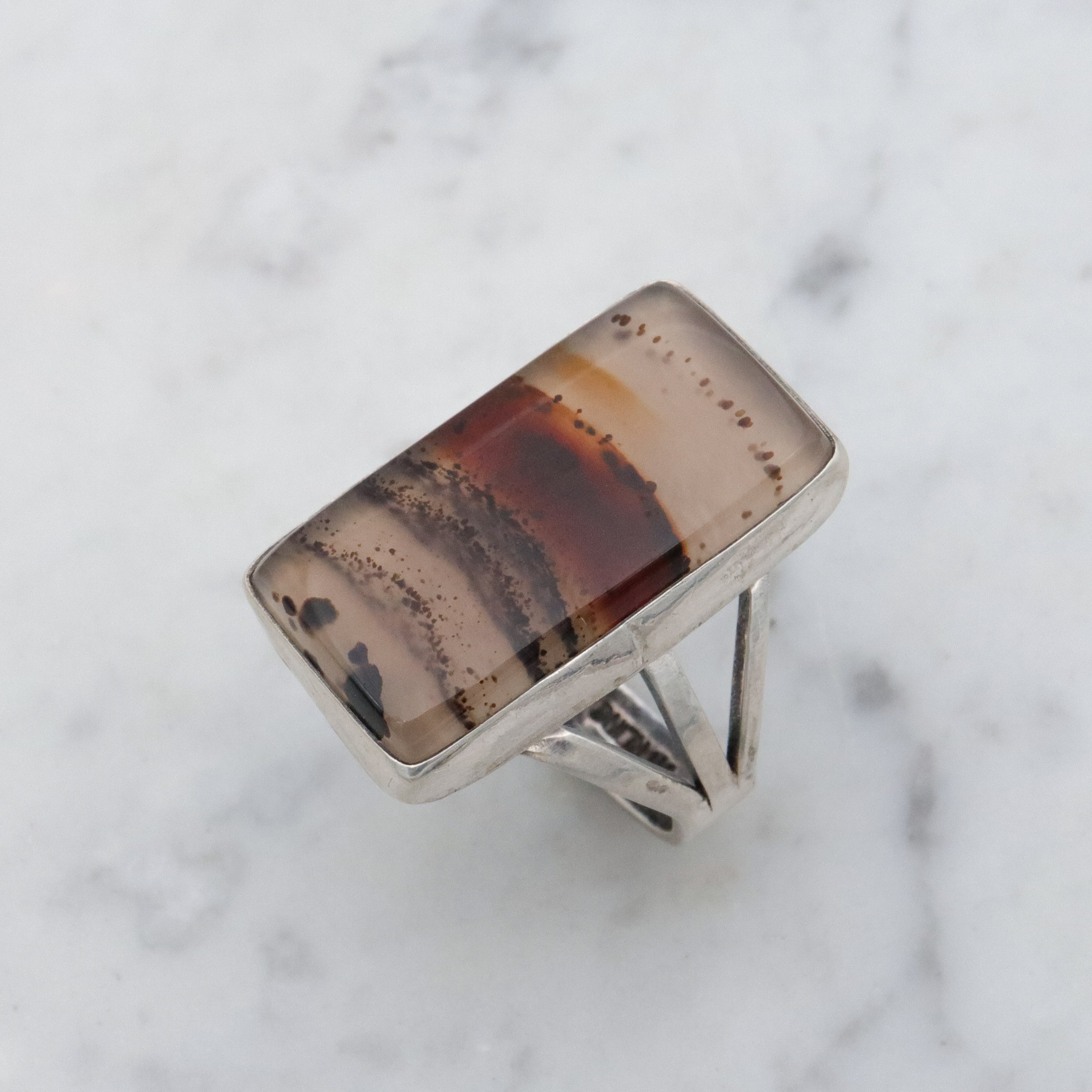Vintage Navajo banded agate chunky sterling ring, size 11